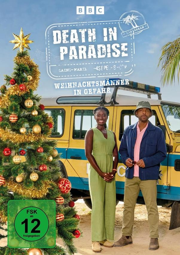 Poster für Death in Paradise mit zwei Personen, Weihnachtsbaum und einem Polizeifahrzeug. Der Titel lautet Death in Paradise.