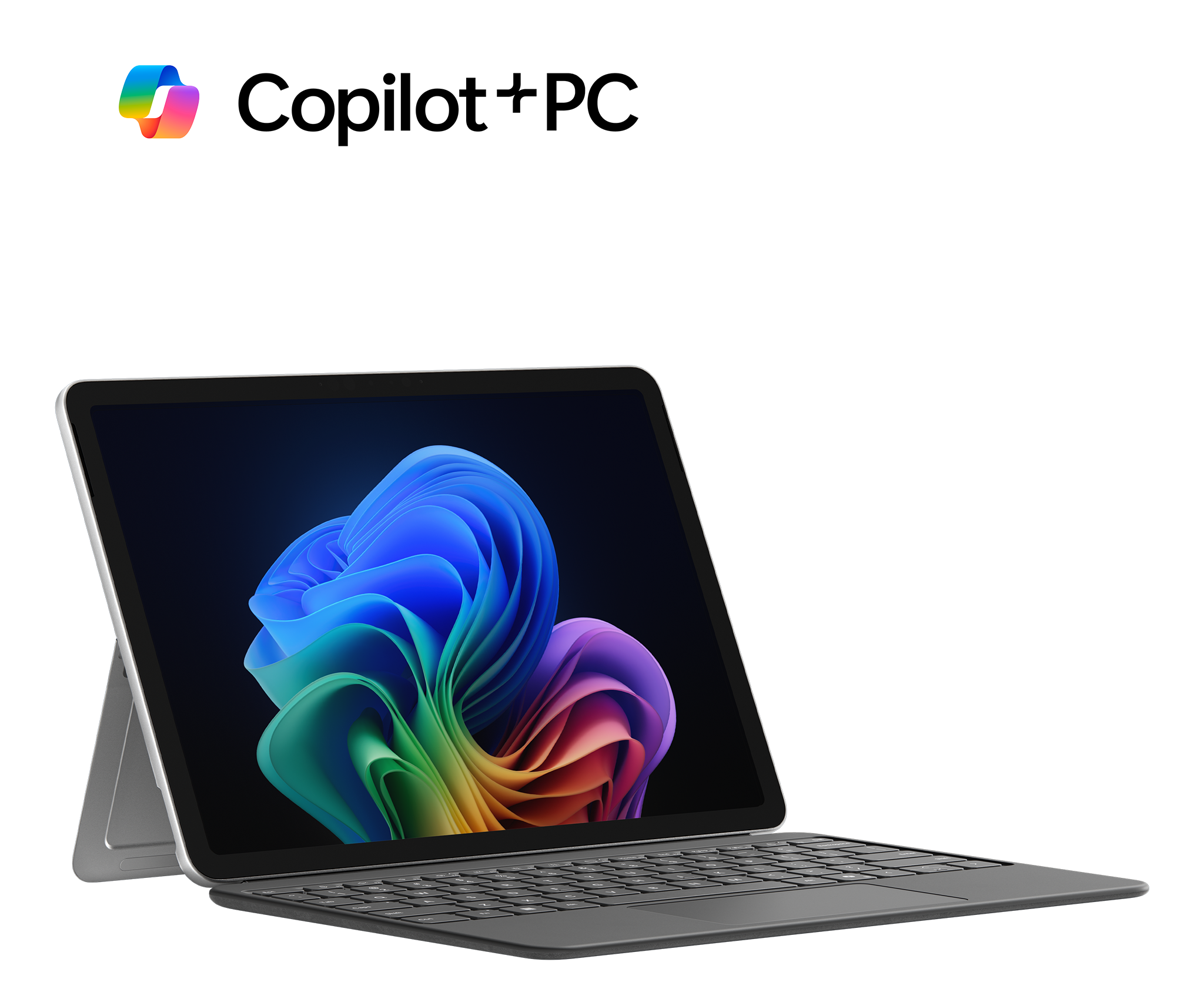 Laptop mit farbenfrohem Bildschirm. Schwarzer Hintergrund. Logo in der oberen linken Ecke.