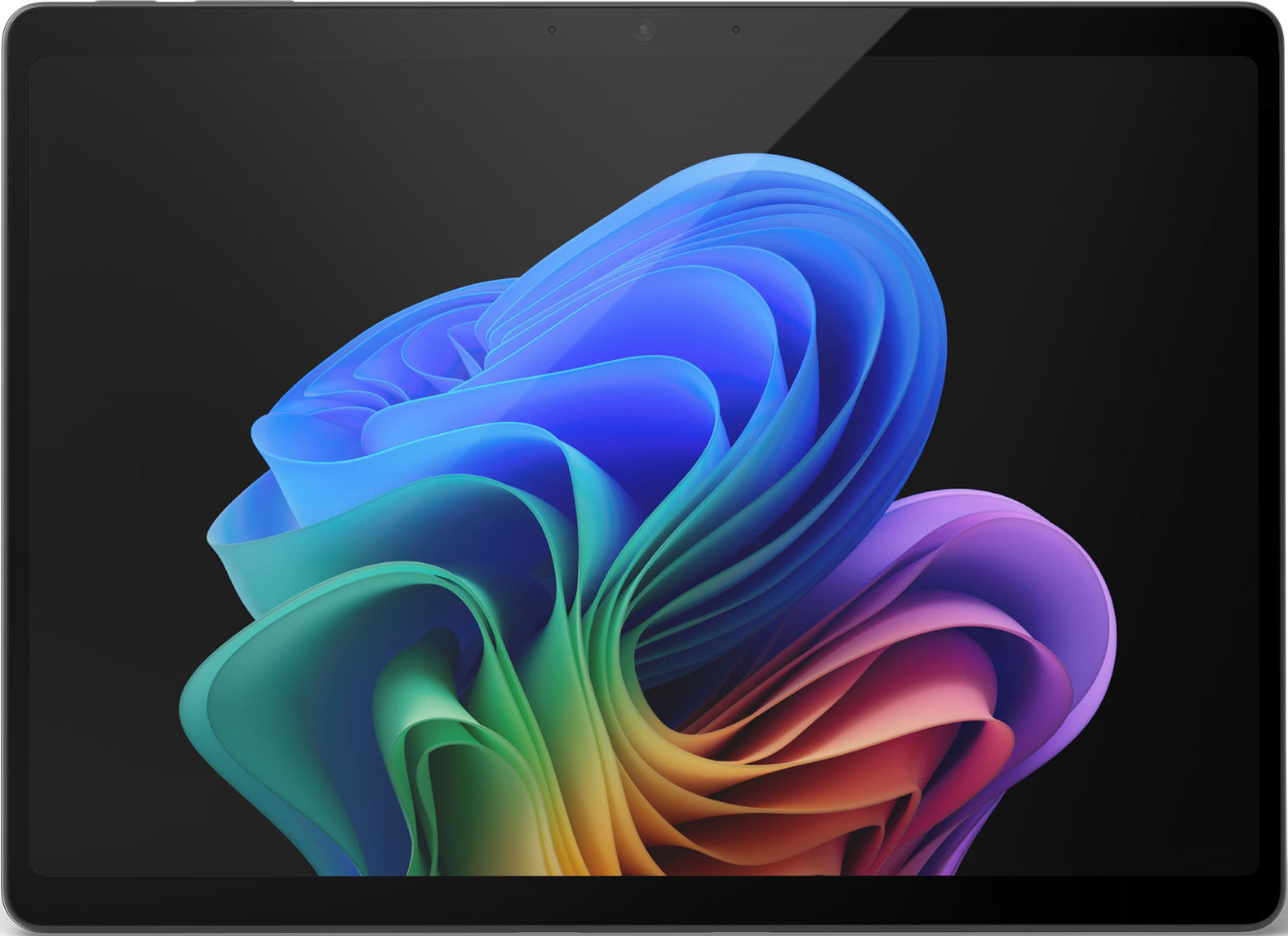 Tablet mit farbenfrohem, abstraktem Blumendesign in Blau, Grün, Lila und Orange vor schwarzem Hintergrund.
