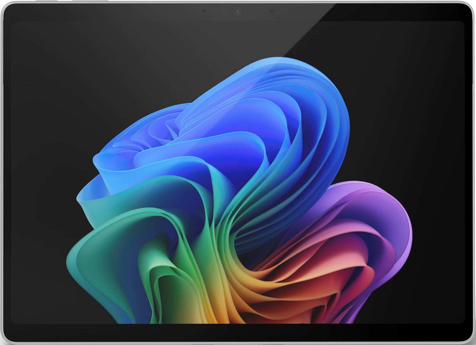 Tablet-Bildschirm zeigt ein farbenfrohes abstraktes Design mit blau, grün, lila und orangefarbenen Wirbelformen auf schwarzem Hintergrund.