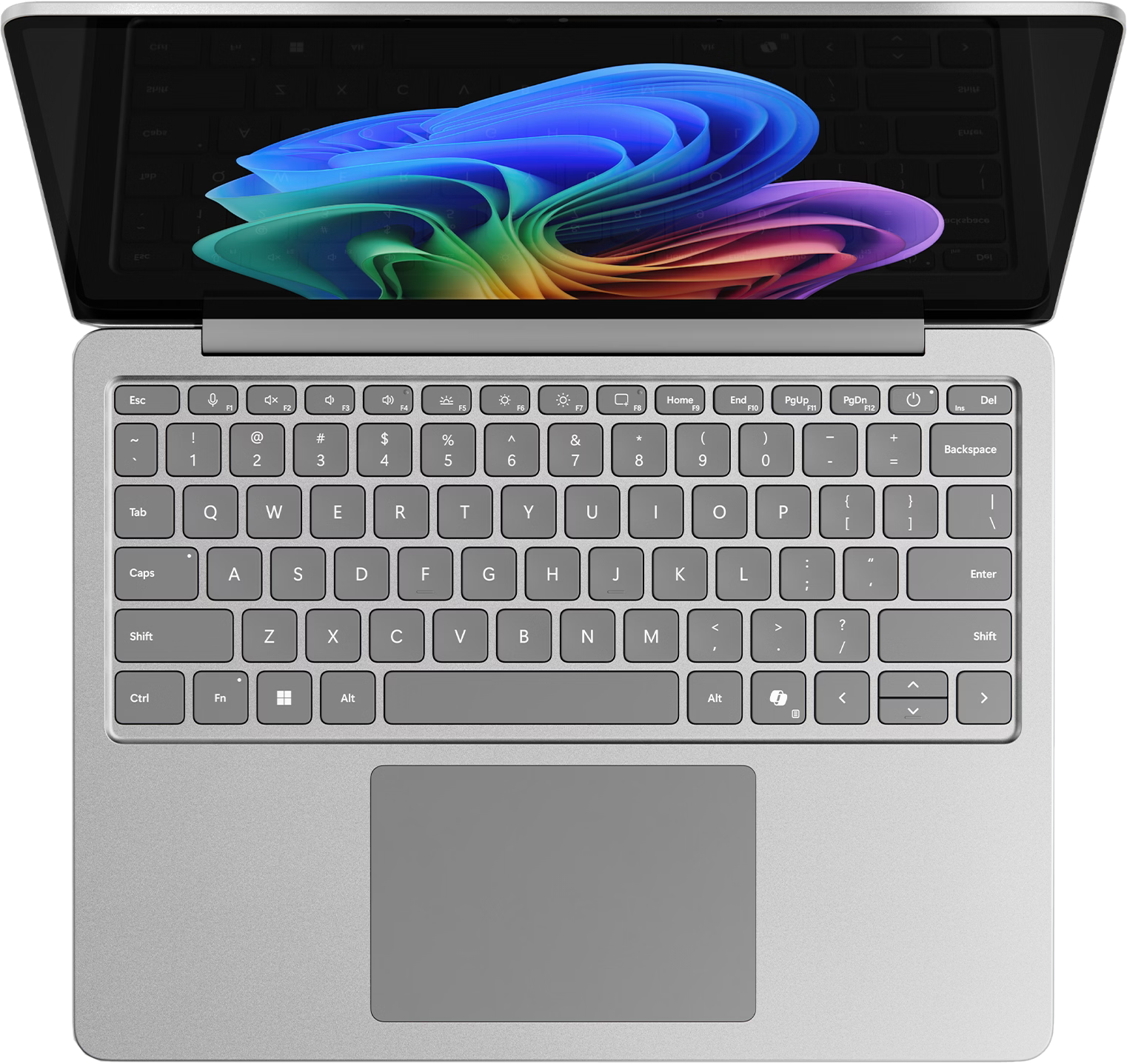 Ein grauer Laptop mit Tastatur und Touchpad. Der Bildschirm zeigt ein farbenfrohes, abstraktes Design.