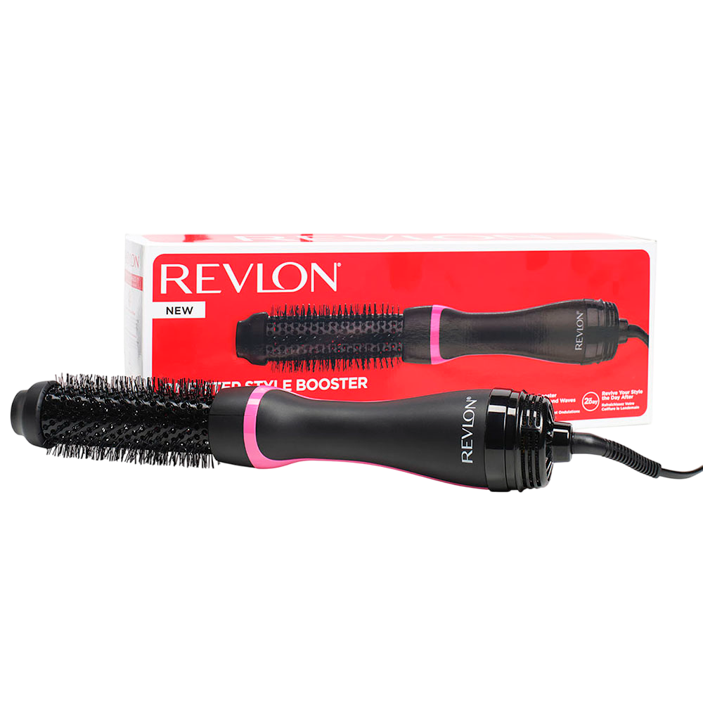 Siyah saplı ve pembe detaylı bir Revlon saç şekillendirme aleti ve arka planda kırmızı ve beyaz bir kutu.
