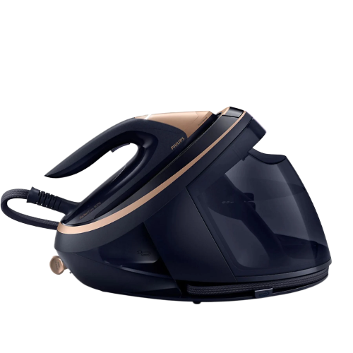 Koyu mavi ve altın renkli Philips PerfectCare Elite buharlı ütü. Bir tutma sapı, su tankı ve güç kablosu vardır.