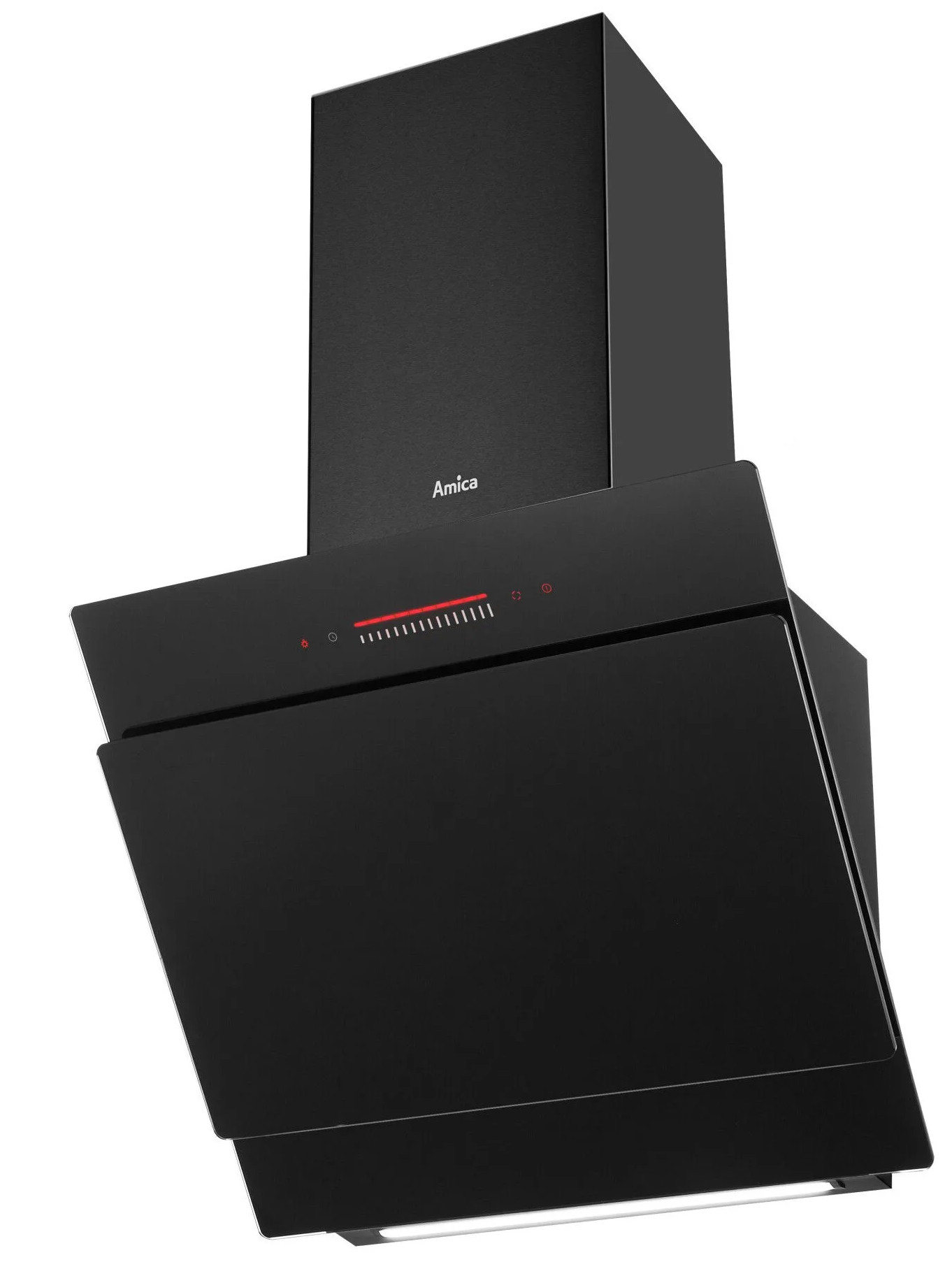 Czarny okap Amica z panelem sterowania i czerwonymi światłami. Ma prostokątny kształt i światło na dole.