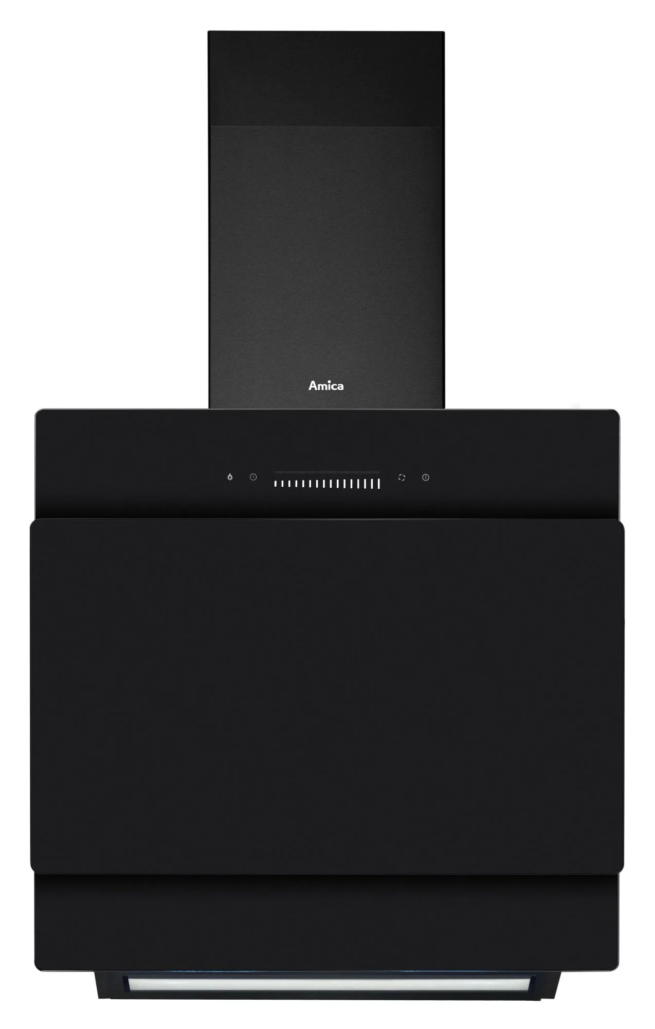 Czarny okap Amica. Ma prostokątny kształt z panelem sterowania i światłem na dole.