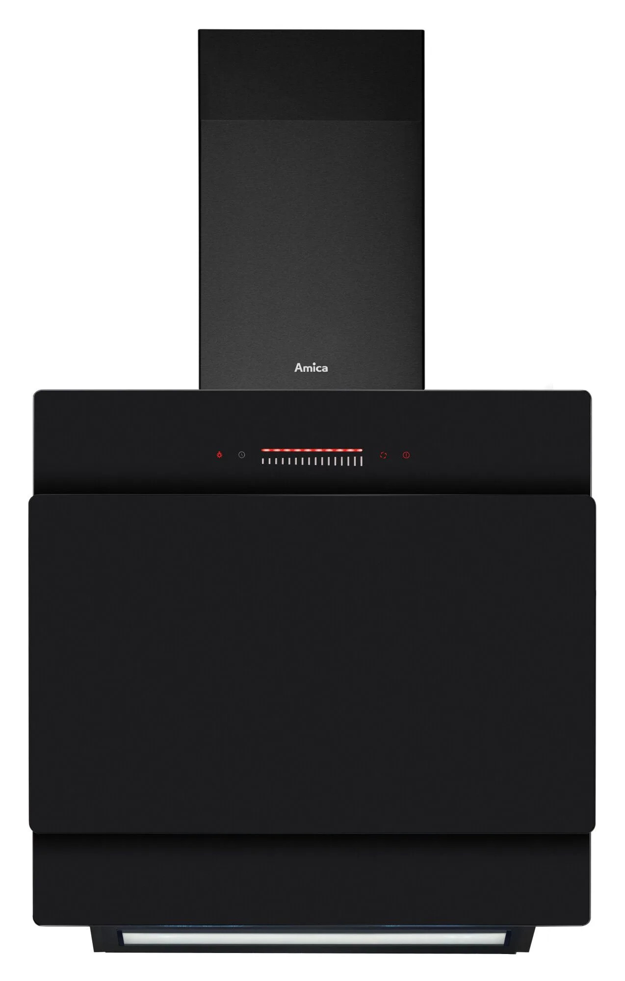 Czarny okap Amica. Ma prostokątny kształt z wyświetlaczem cyfrowym i światłem na dole.
