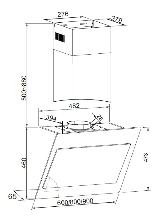 Rysunek techniczny okapu kuchennego. Zawiera wymiary. Okap ma prostokątny i zakrzywiony kształt.