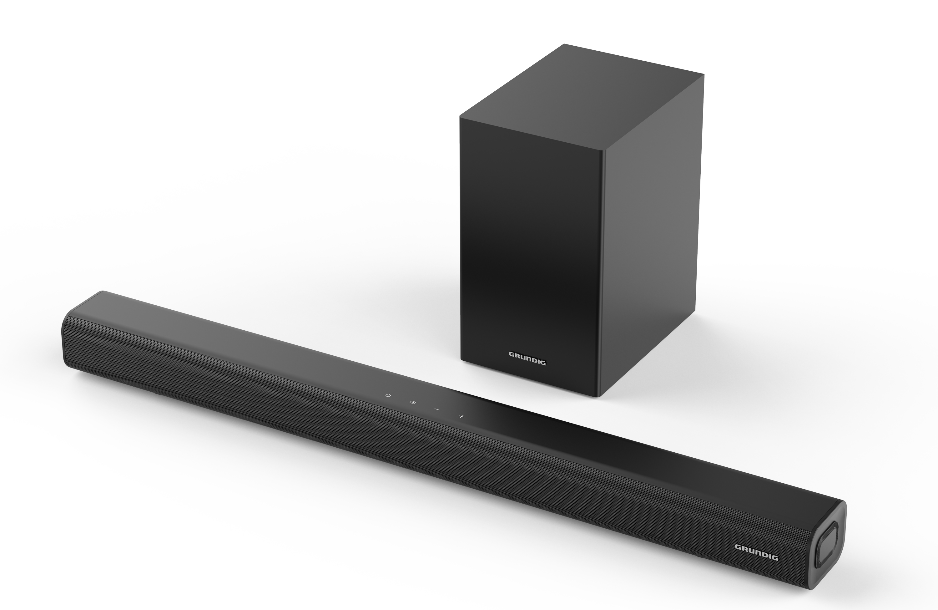 Beyaz zemin üzerinde Grundig'den siyah bir soundbar ve subwoofer. Soundbar uzun ve incedir.