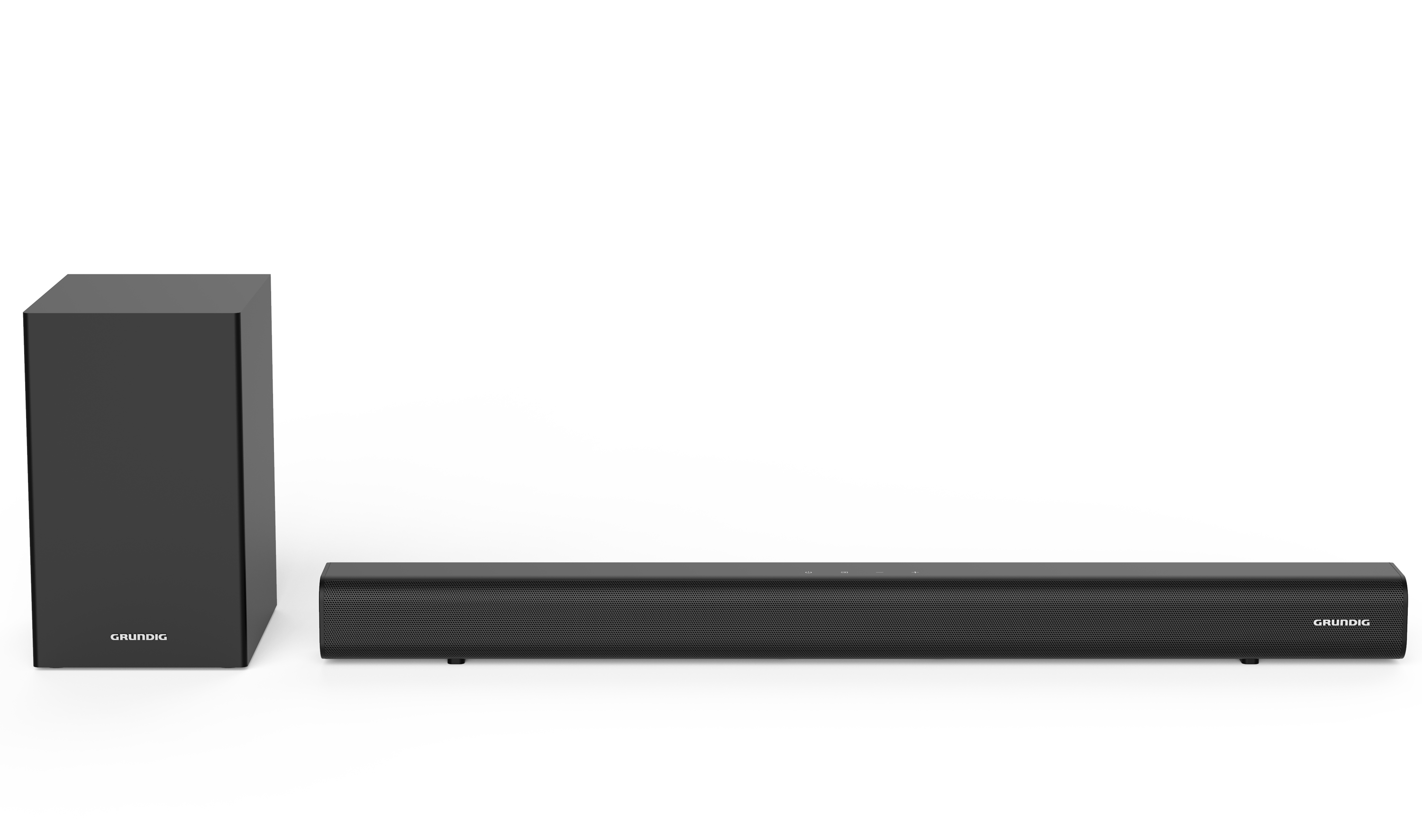 Siyah bir Grundig soundbar ve subwoofer. Soundbar uzun ve dikdörtgen. Subwoofer uzun, siyah bir dikdörtgendir.