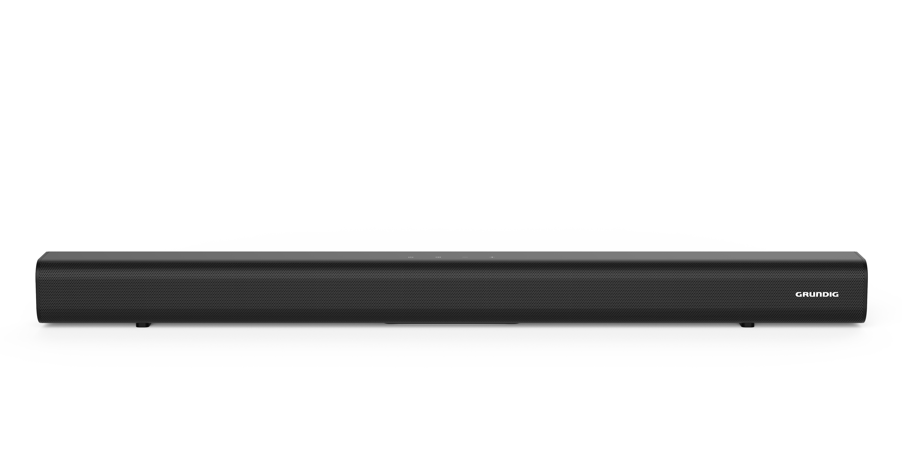 Beyaz zemin üzerinde siyah bir Grundig soundbar. Örgü ön yüzü ve üstte düğmeleri var.
