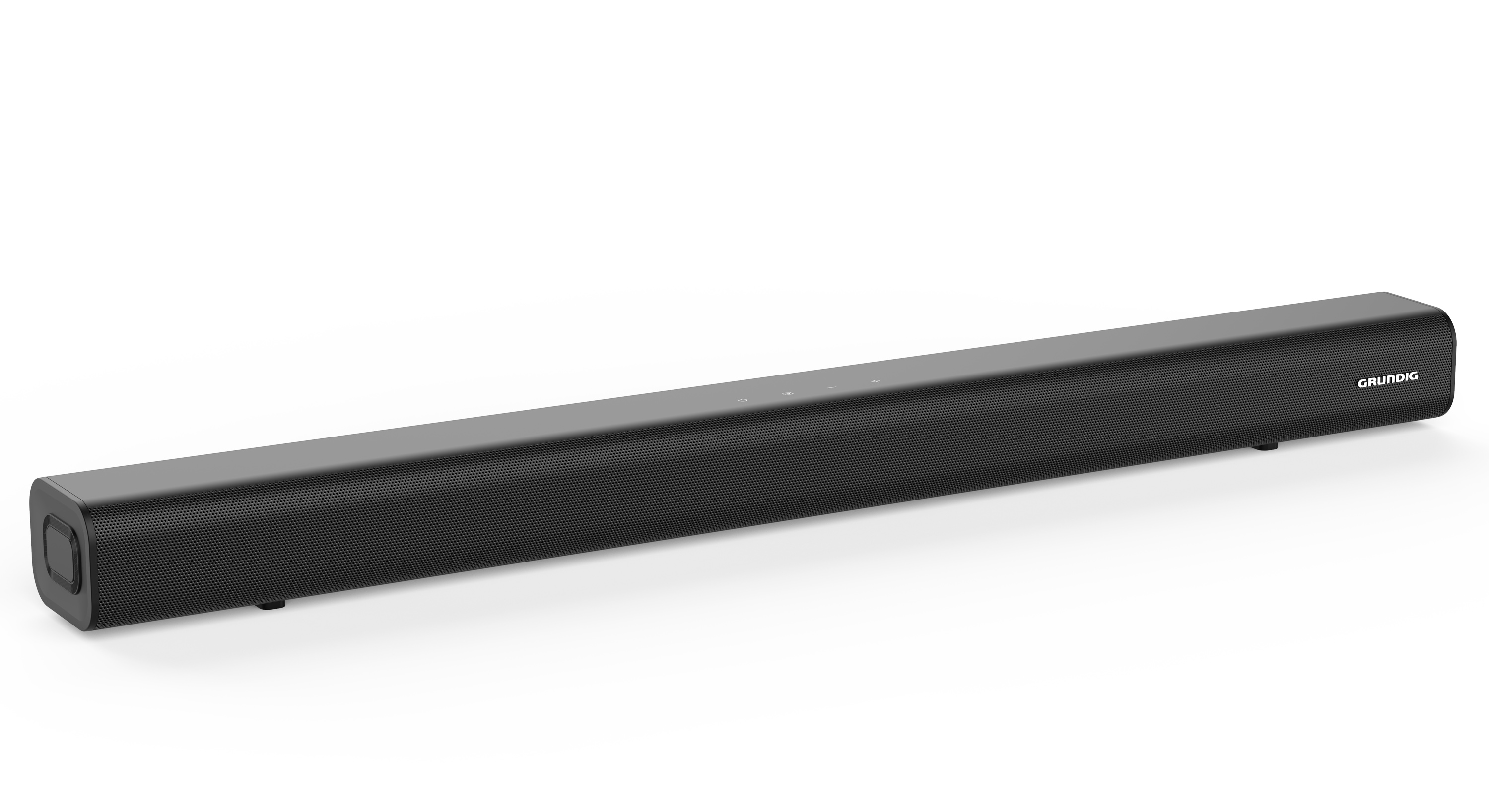 Beyaz zemin üzerinde siyah bir Grundig soundbar. Üstünde kontrol düğmeleri bulunmaktadır.
