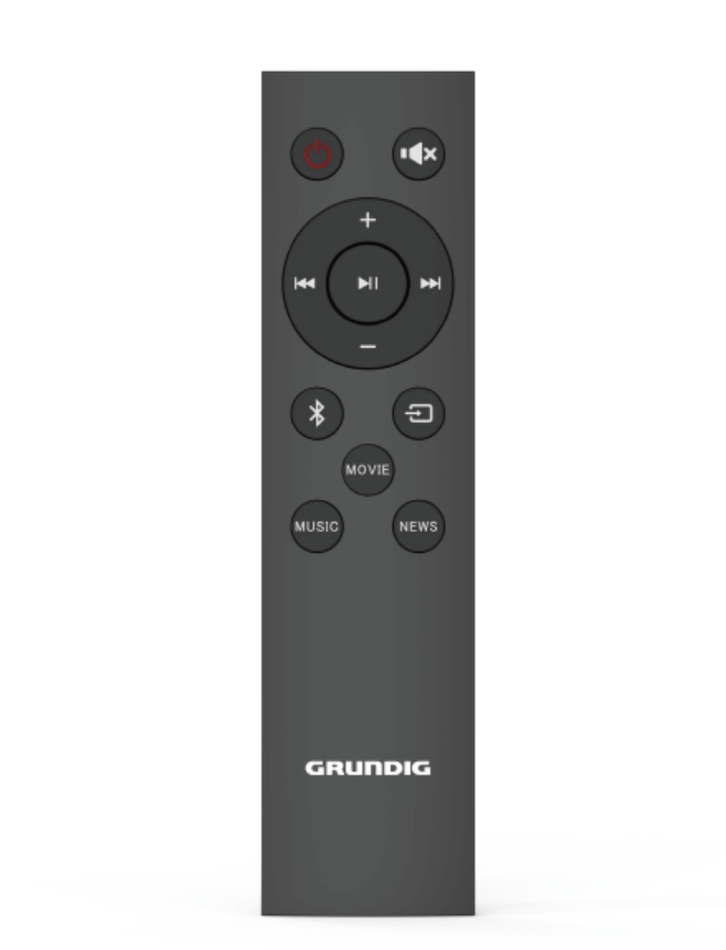Birden fazla düğmesi olan siyah bir Grundig uzaktan kumandası: güç, ses, Bluetooth ve medya kontrolü. Beyaz zemin.