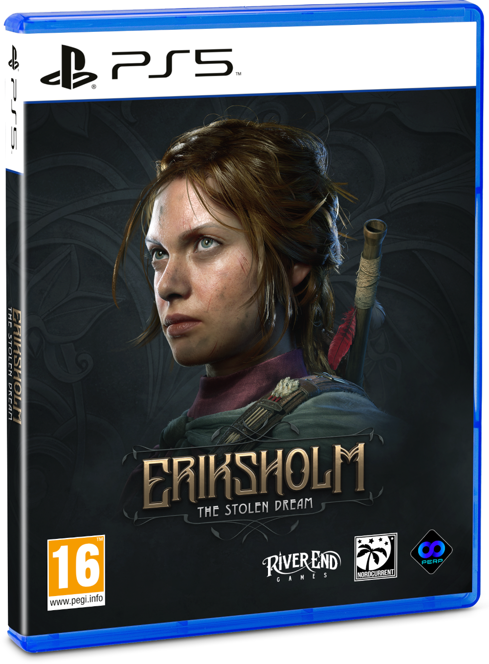PS5 játékborító. Barna hajú nő, balra néz, a játék címe 'Eriksholm'. A háttér sötét. PEGI 16 besorolás.