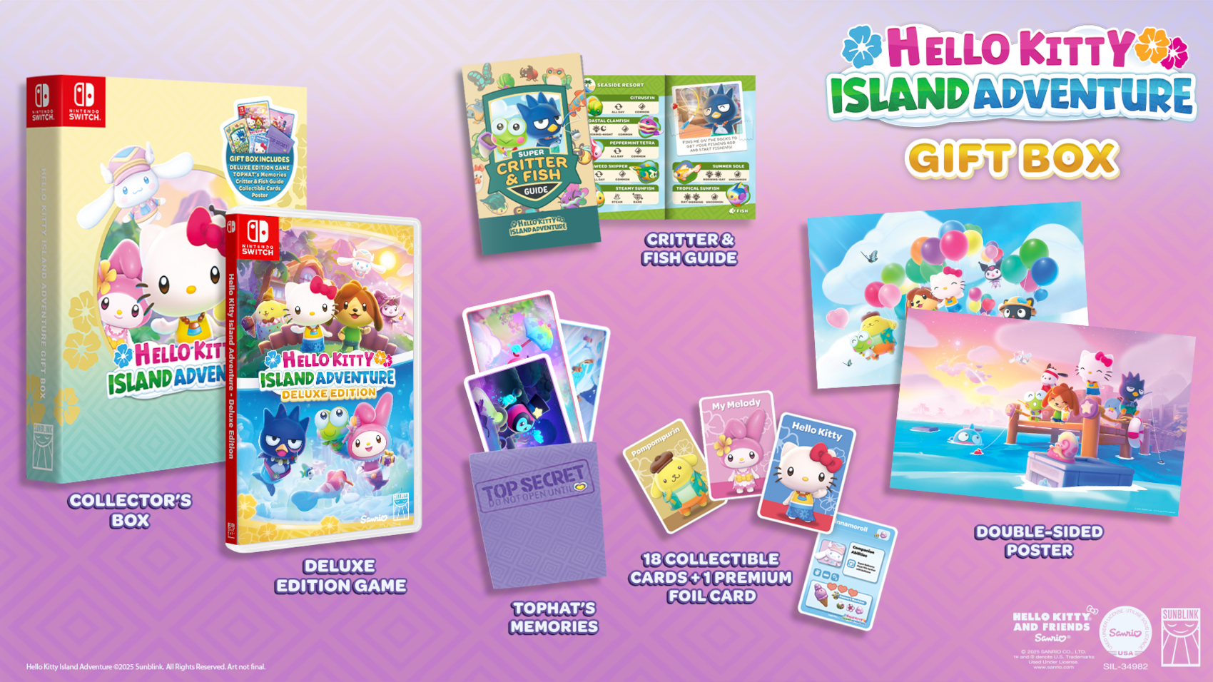 Hello Kitty Island Adventure ajándékdoboz, játék, kártyák, útmutató és poszter. Hello Kitty szerepel.