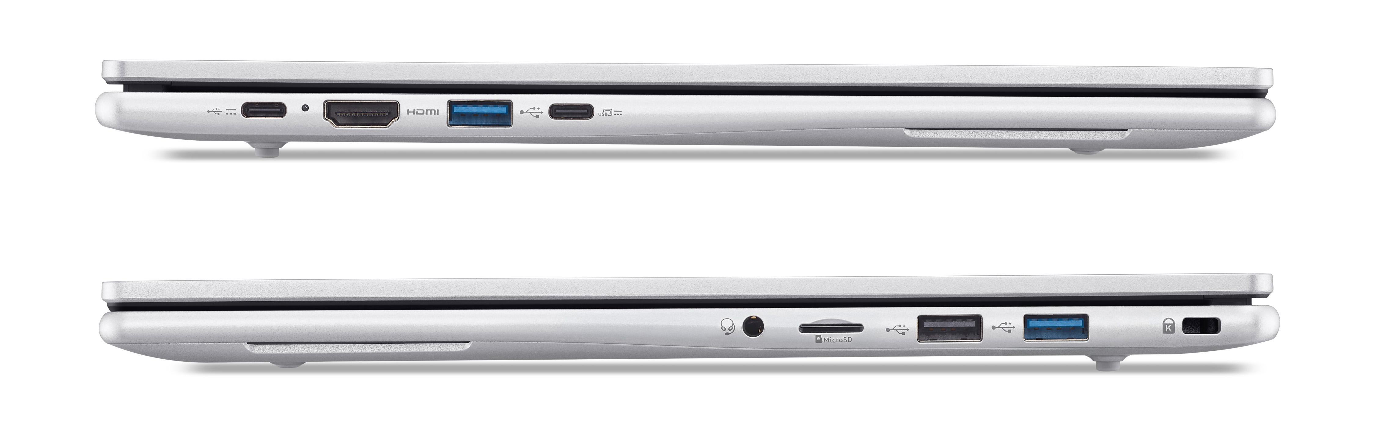 Seitenansicht von zwei silbernen Laptops, die Anschlüsse wie HDMI, USB und Audiobuchsen vor weißem Hintergrund zeigen.