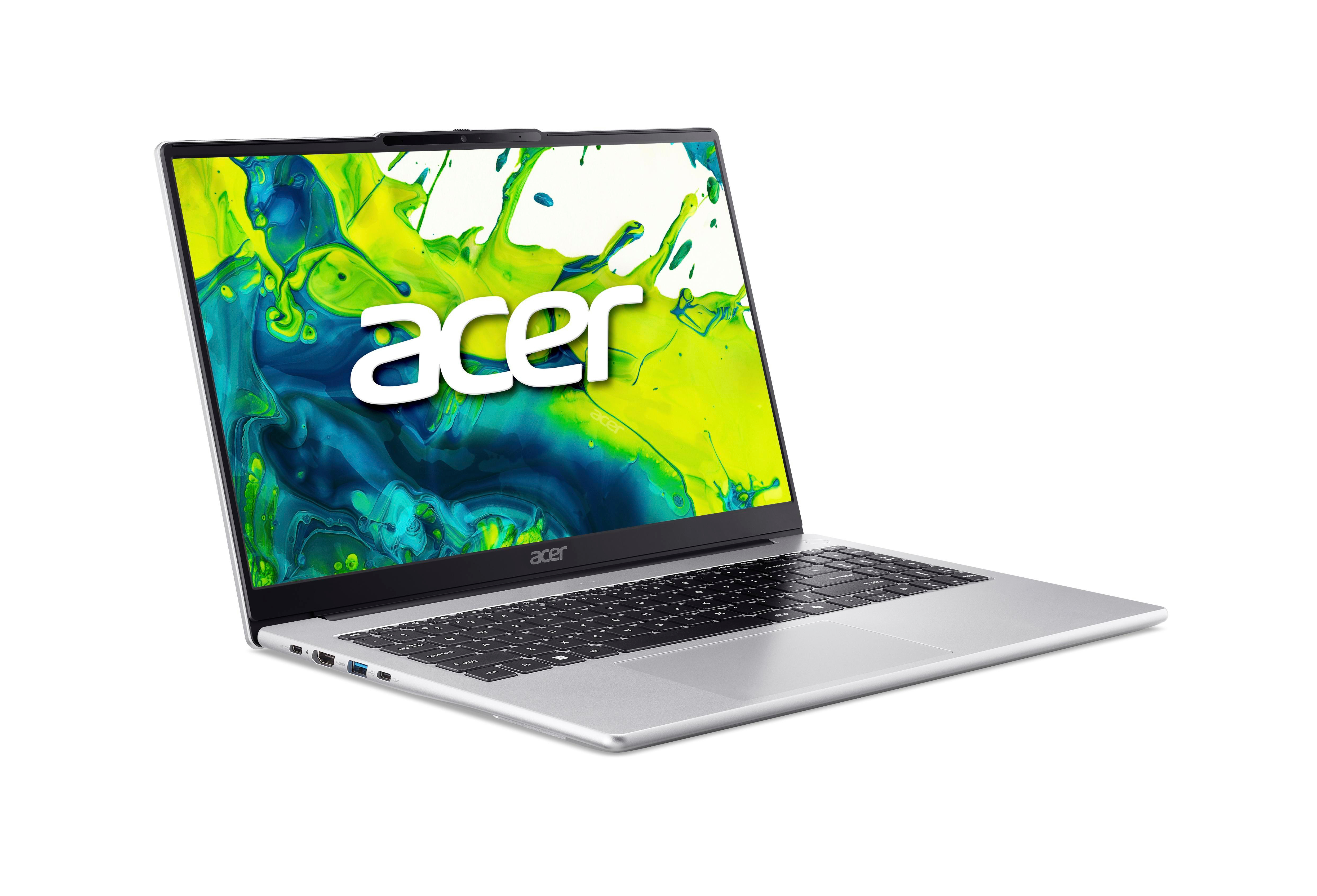 Silberner Acer-Laptop geöffnet, Bildschirm zeigt grünes/blaues Spritzdesign, Acer-Logo prominent, Tastatur sichtbar, auf weißem Grund.