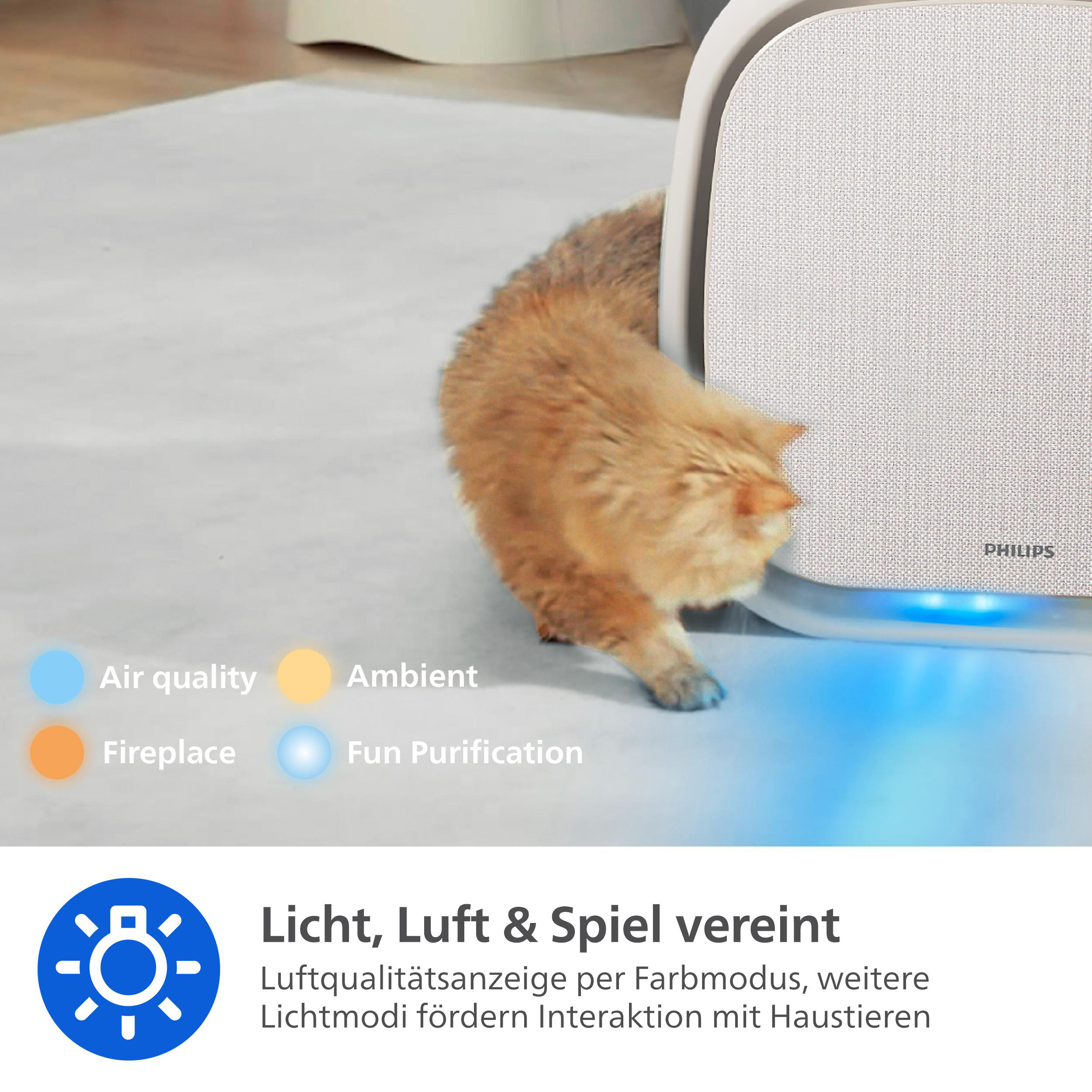 Eine Katze interagiert mit einem Luftreiniger. Der Reiniger ist weiß. Es gibt Farbindikatoren für Luftqualität und Umgebung.