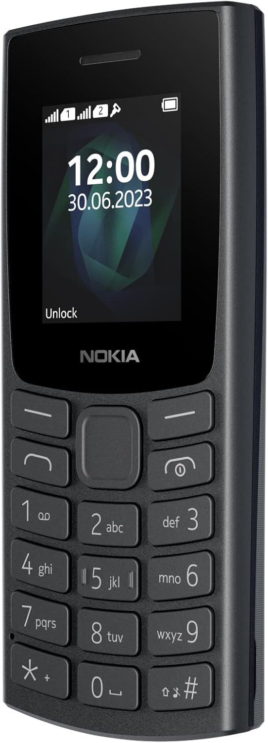 Siyah bir Nokia telefon 12:00 saatini, 30.06.2023 tarihini ve kilidi aç metnini görüntülüyor. Sayısal tuş takımı var.