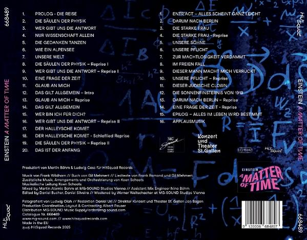 CD-Cover. Titel: Einstein a Matter of Time. Blauer Hintergrund mit Text und Gleichungen. Titelliste.