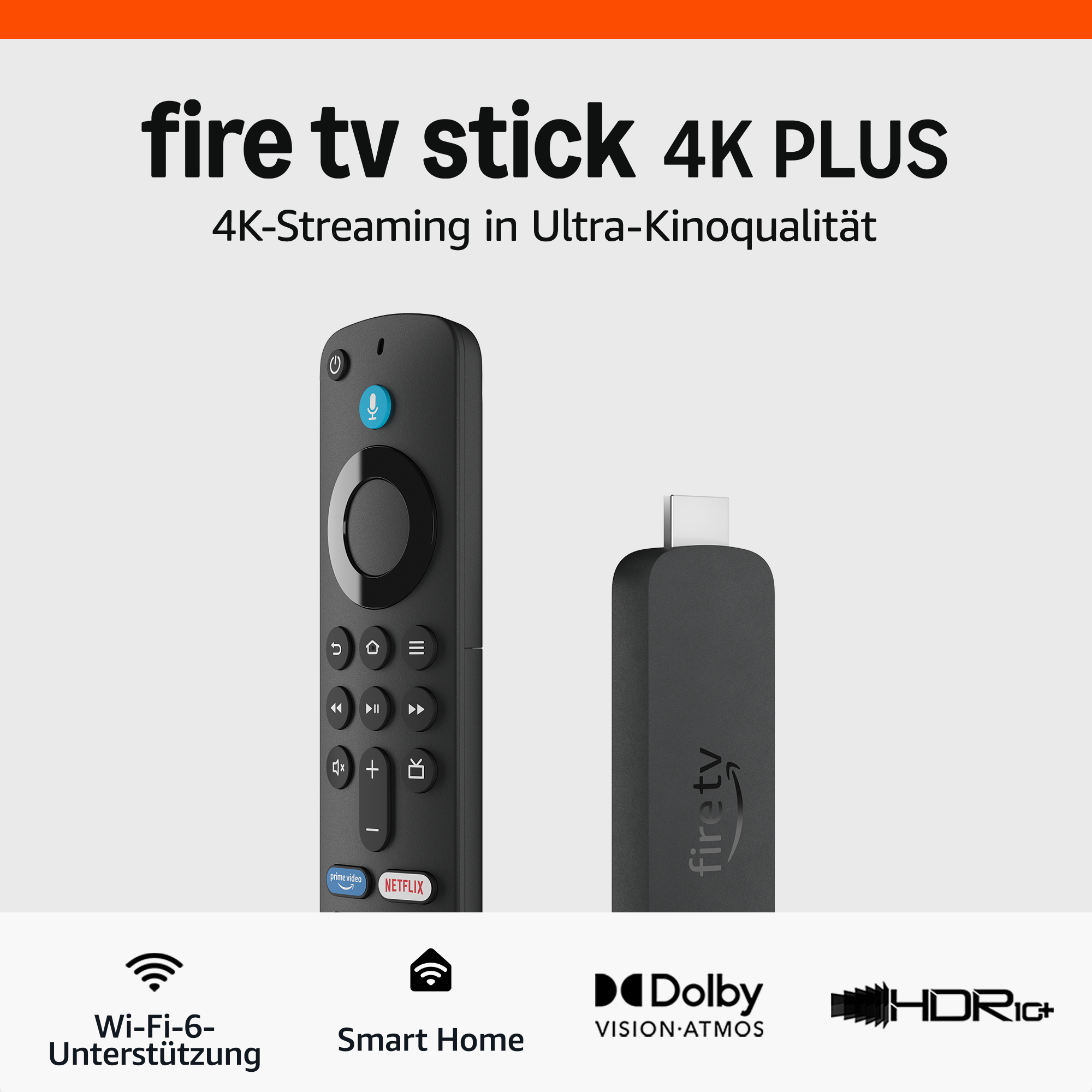Das Bild zeigt einen schwarzen Fire TV Stick 4K Plus, eine Fernbedienung und Symbole für Wi-Fi, Smart Home, Dolby und HDR10+.