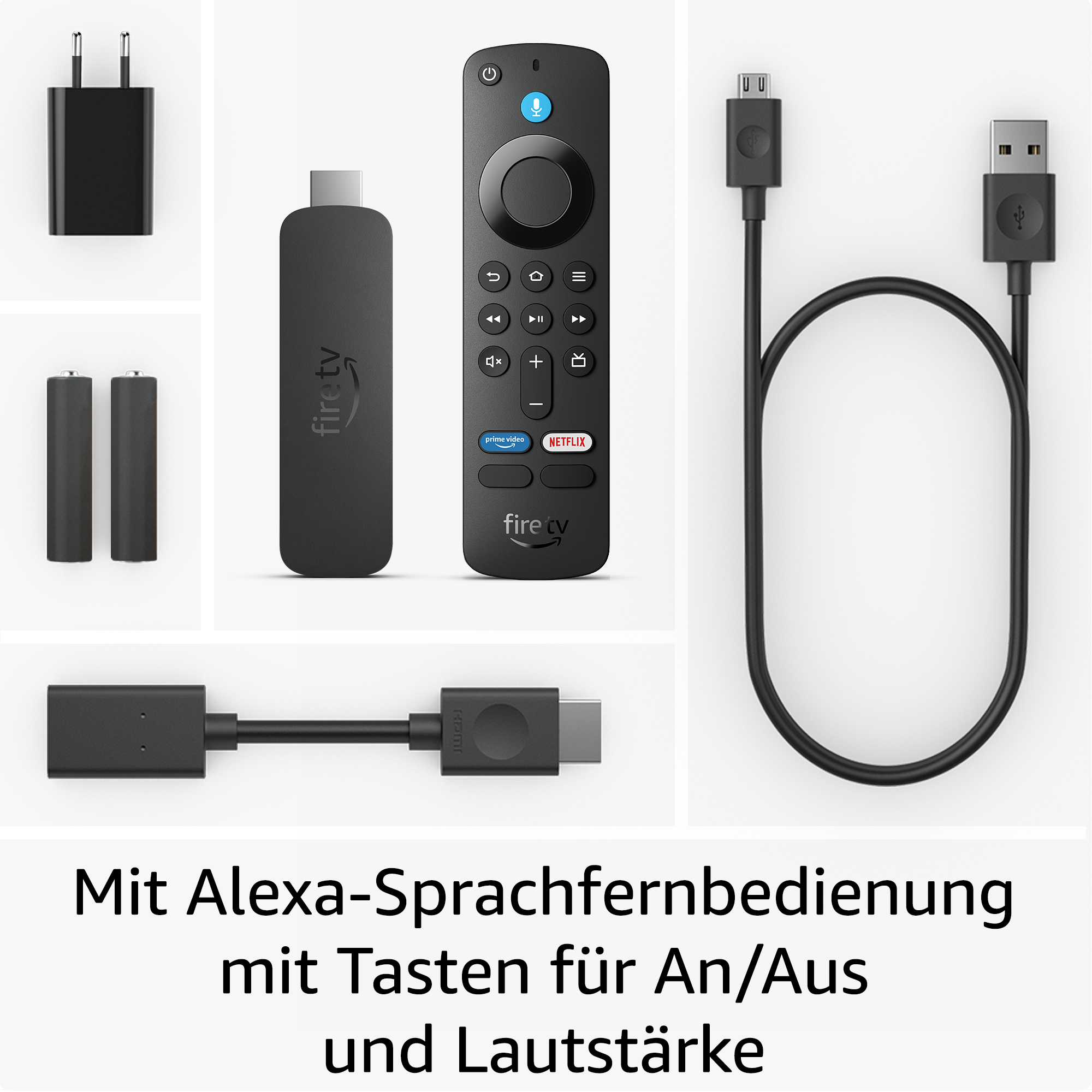 Schwarze Fire-TV-Gerätekomponenten: Fernbedienung, HDMI-Adapter, Netzteil, Batterien und USB-Kabel.