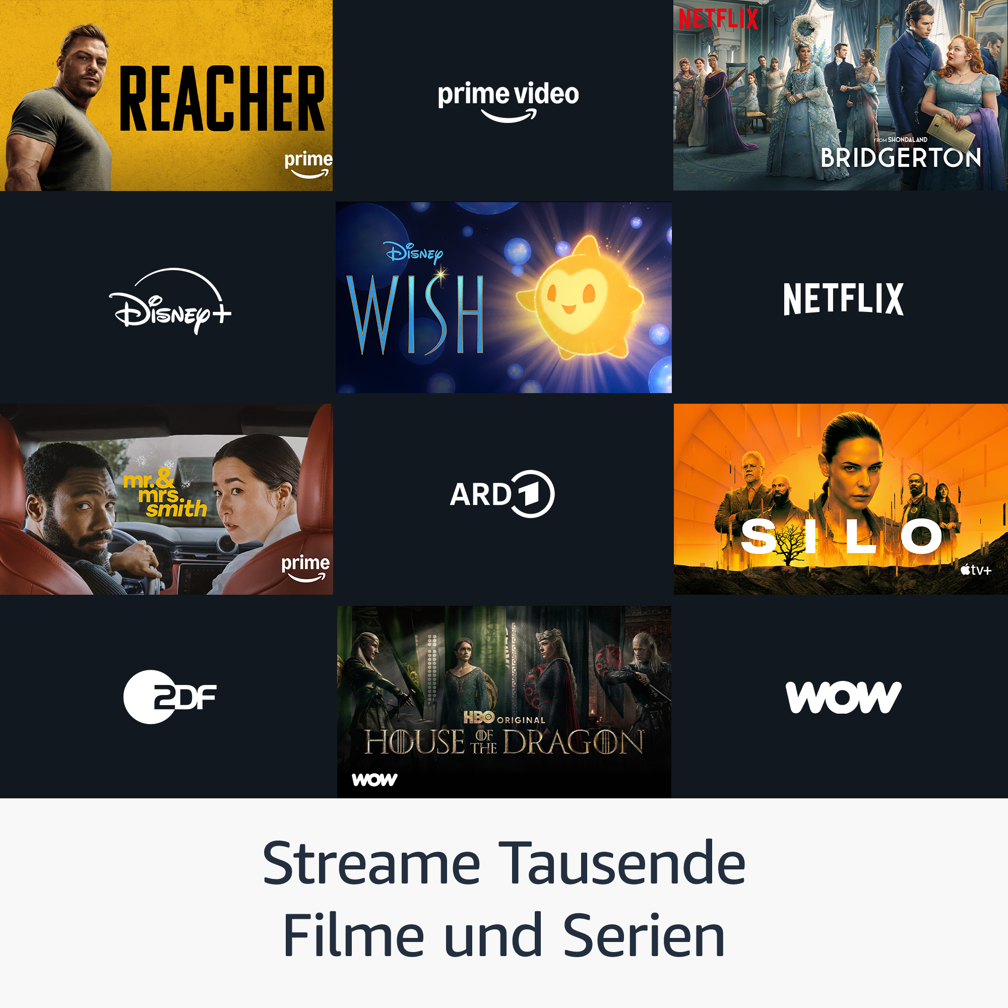 Das Bild zeigt Logos von Streaming-Diensten wie Netflix, Disney+ und Prime Video sowie Filmtitel wie Reacher und Bridgerton.