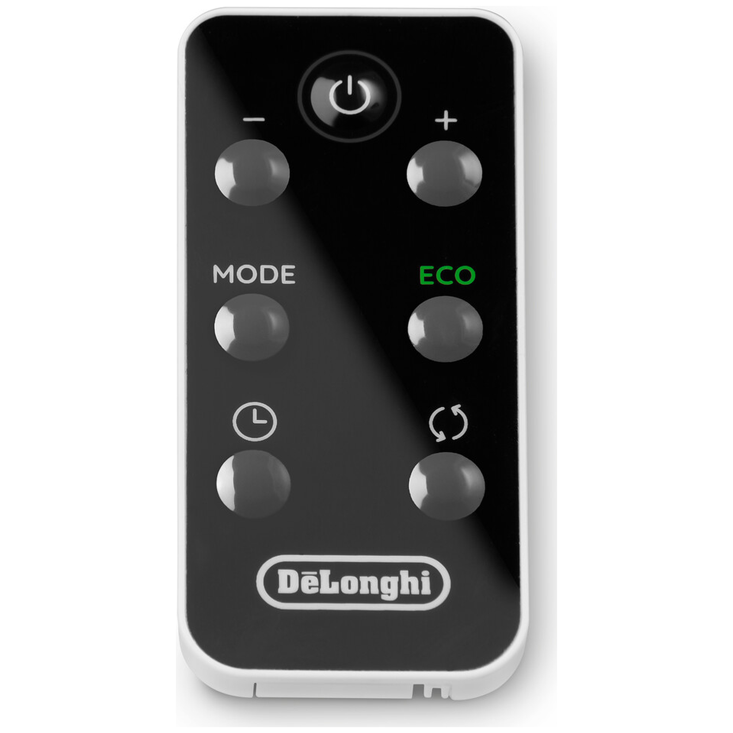 DeLonghi afstandsbediening. Knoppen: aan/uit, plus, min, modus, eco, timer en draaiende pijl. Zwart-wit ontwerp.