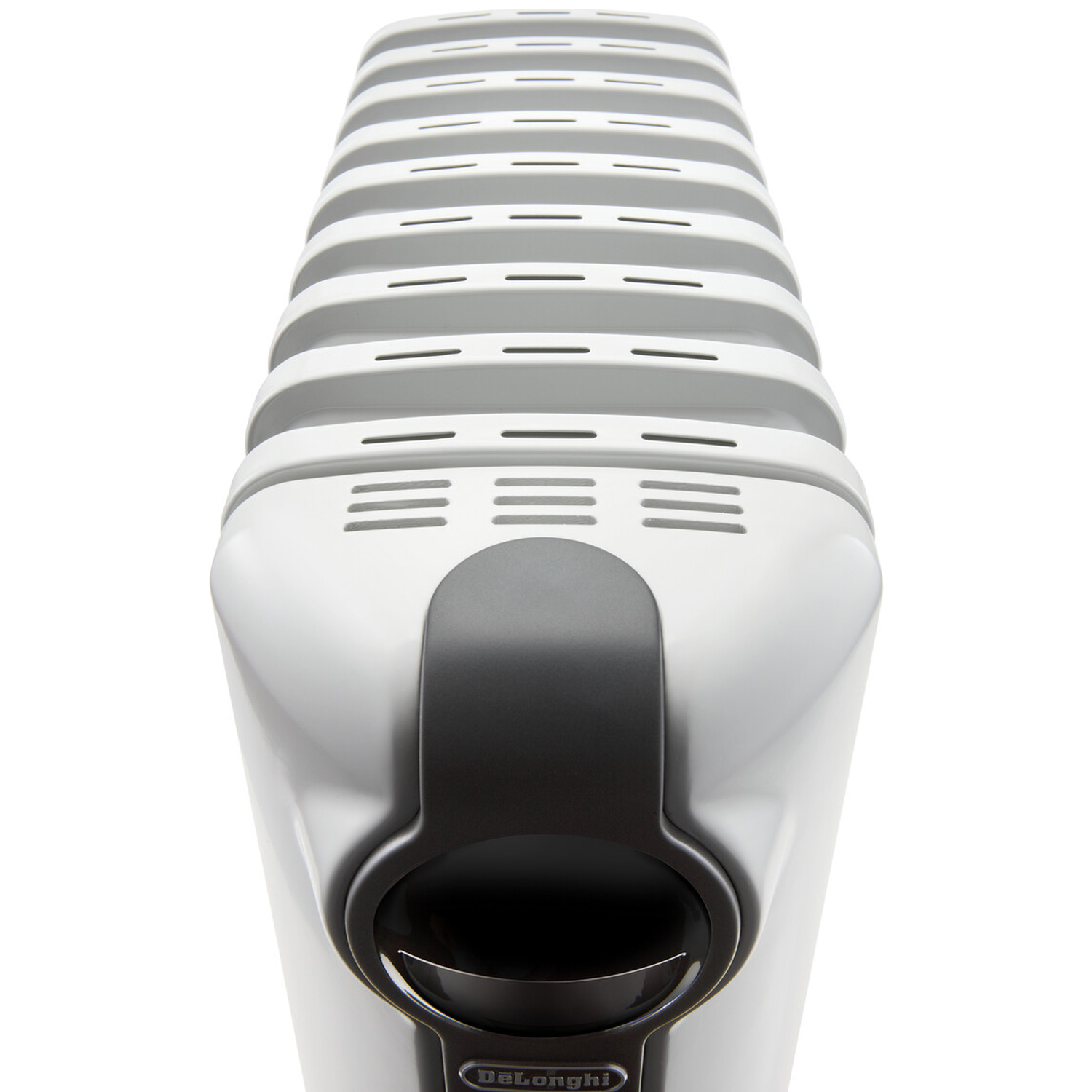 A white and gray De'Longhi oil-filled radiator. The radiator has a black handle and several fins. The background is white.