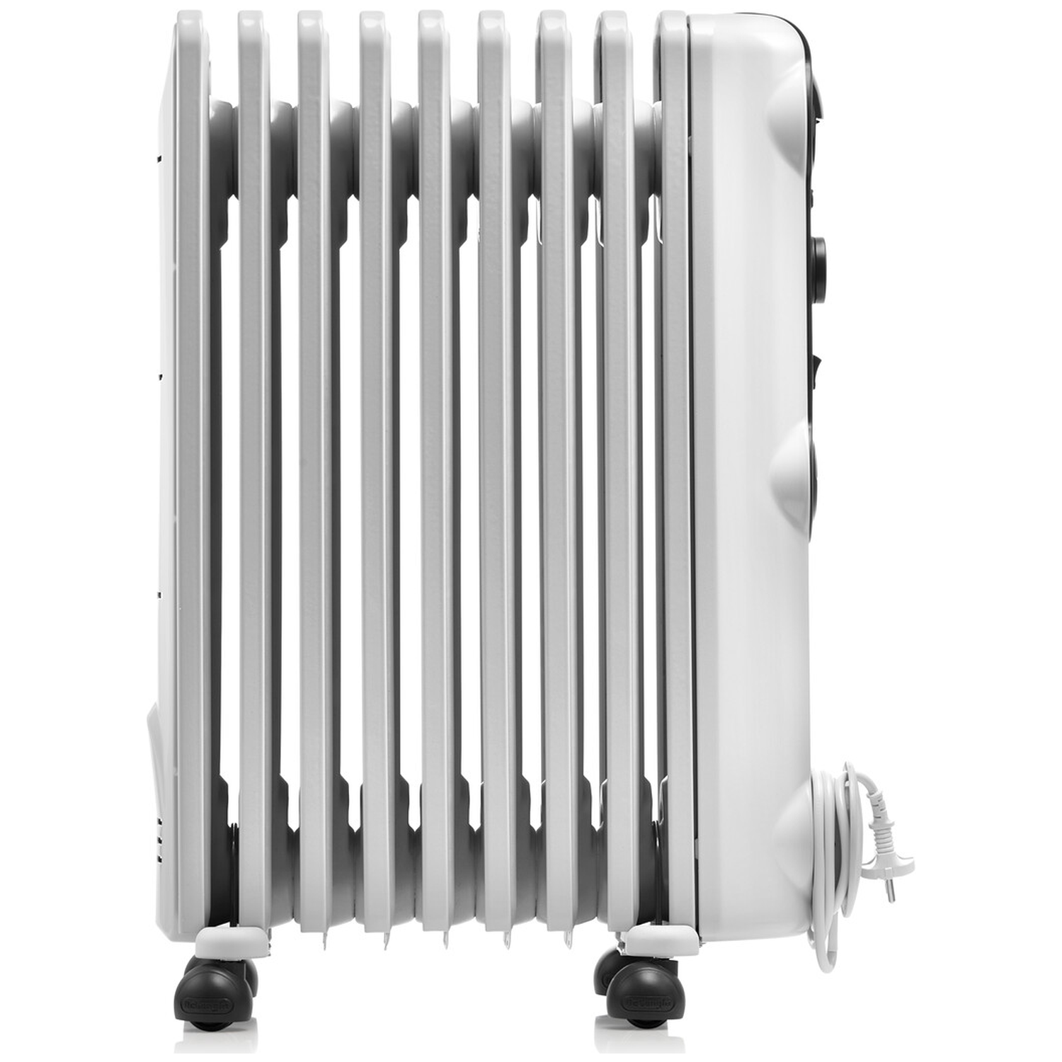 A white oil-filled radiator with multiple vertical fins. It has wheels, a power cord, and control buttons. The background is white.