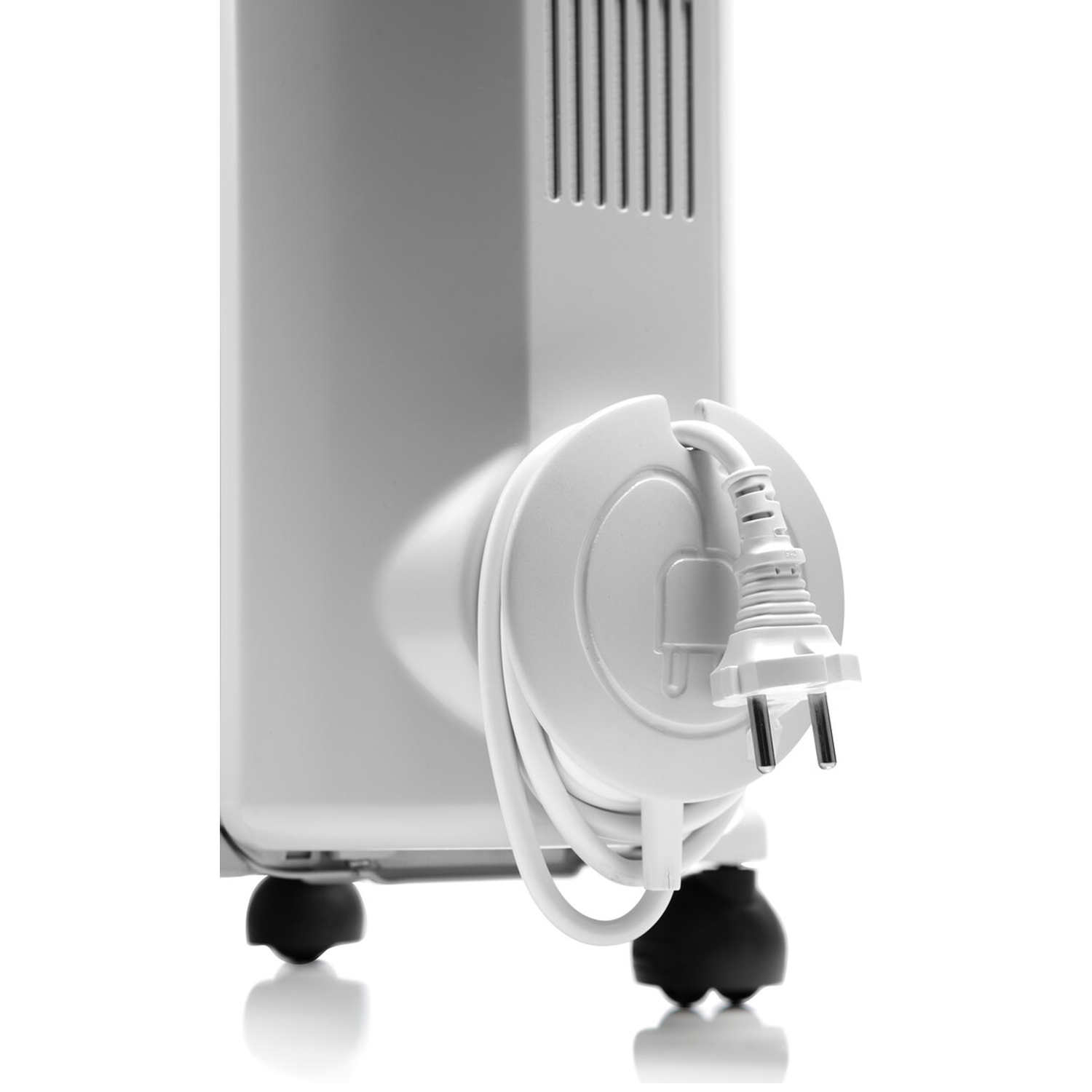 A white electric heater with a coiled cord and plug is shown. It has wheels and a side view of the heating element.