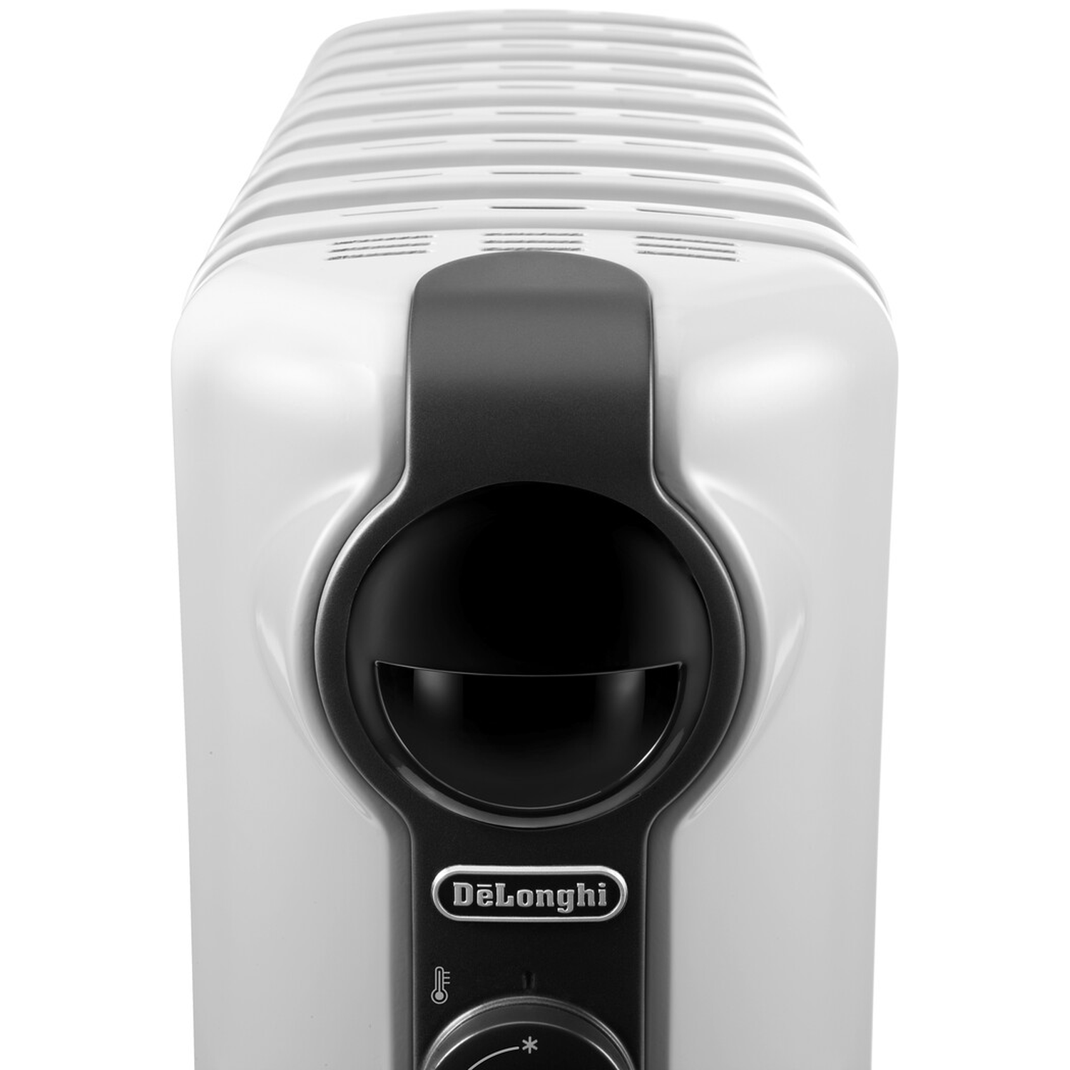 A white and black De'Longhi oil-filled radiator. It has a control panel with a temperature dial and logo, set against a white background.