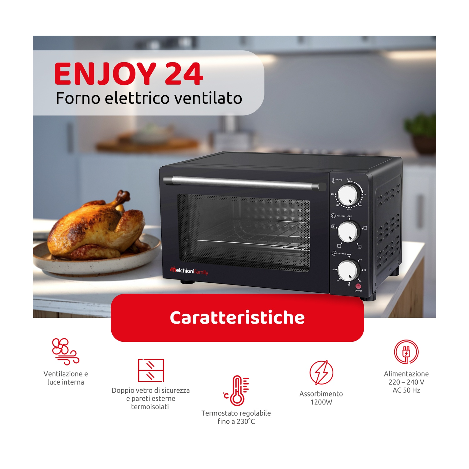 Un forno elettrico nero Enjoy 24 con un pollo arrosto su un piatto e le caratteristiche elencate sotto il forno.