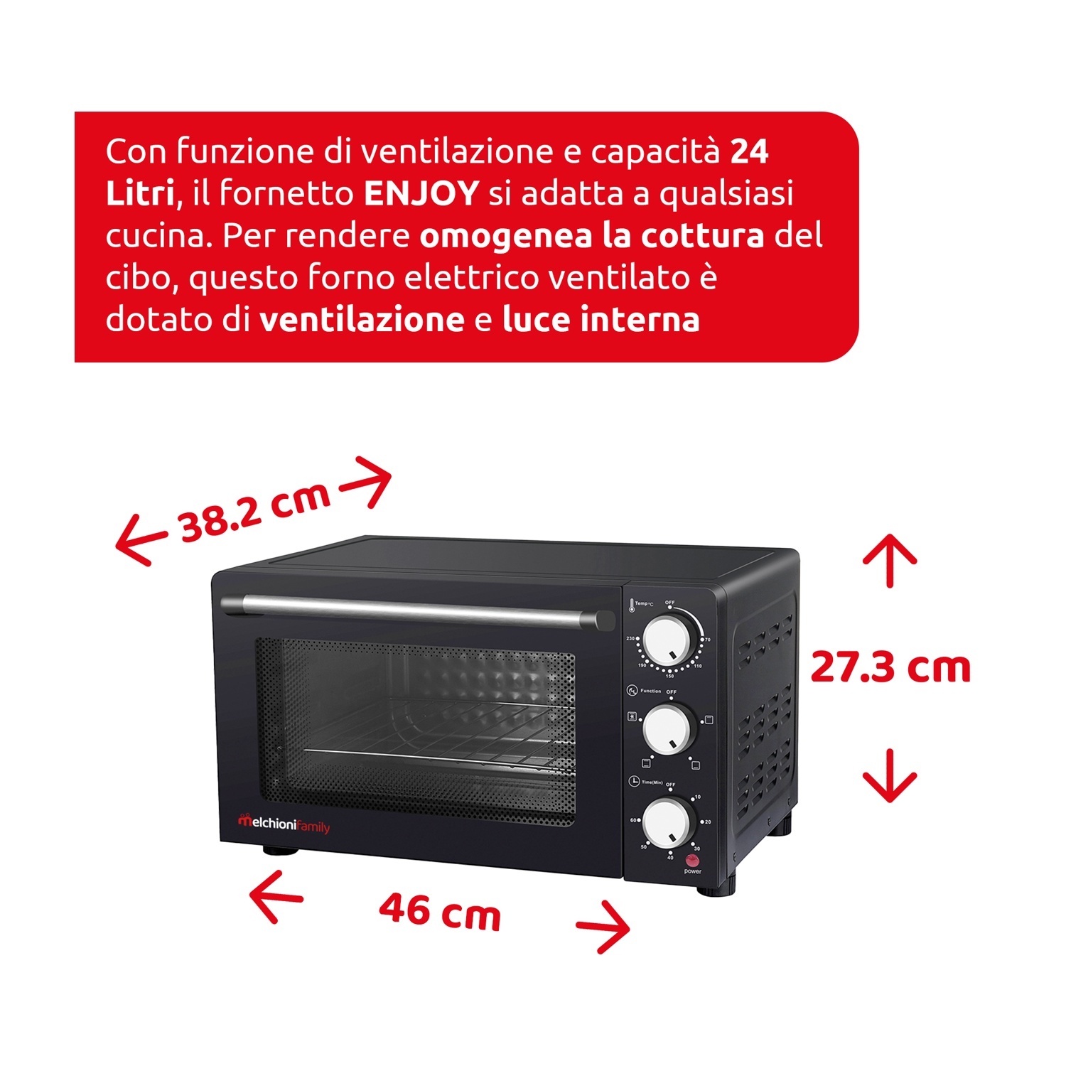 Forno elettrico nero con dimensioni indicate. Testo in italiano descrive caratteristiche e capacità. Frecce mostrano dimensioni in cm.