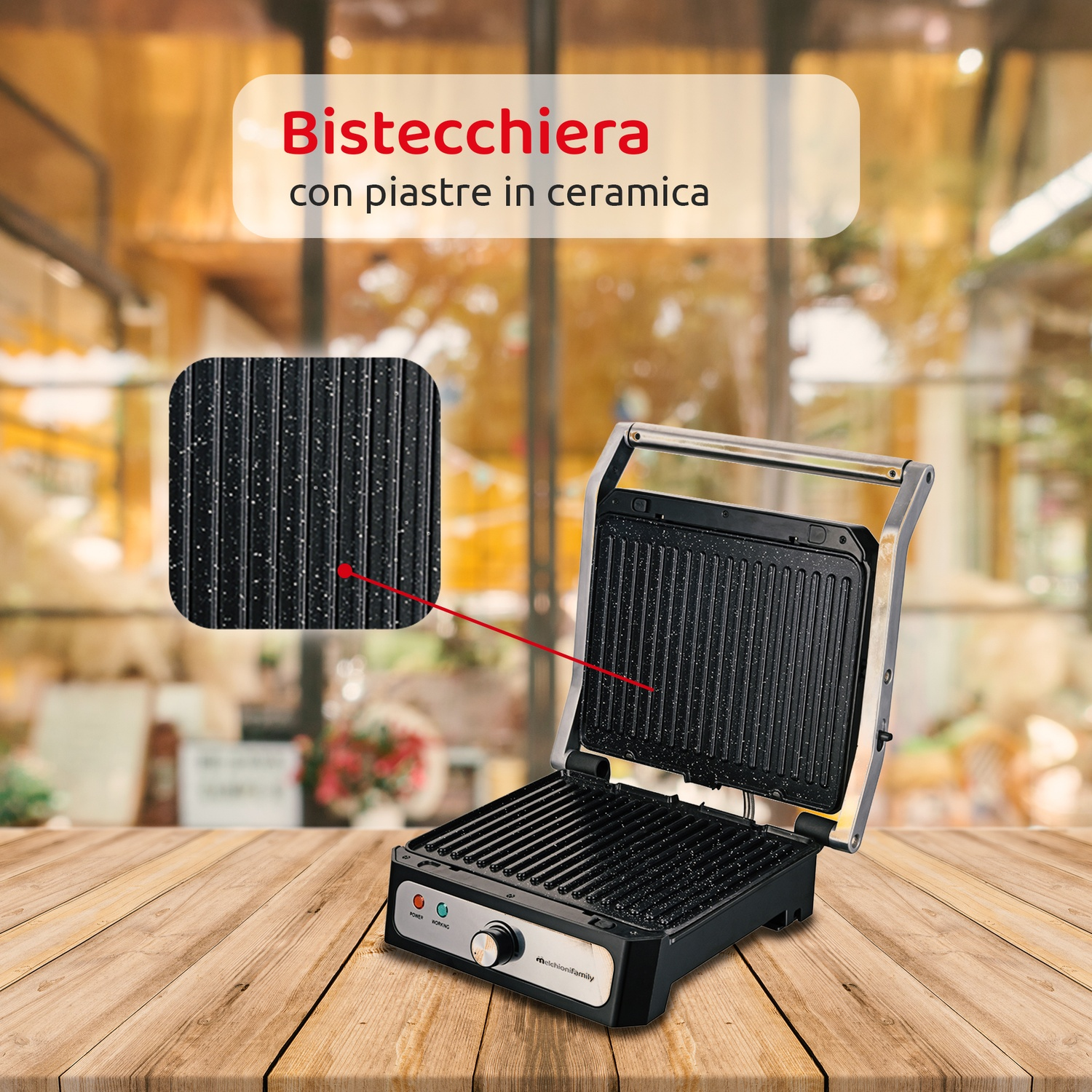 Griglia aperta con piastre in ceramica su tavolo di legno. Testo italiano: 'Bistecchiera con piastre in ceramica'.