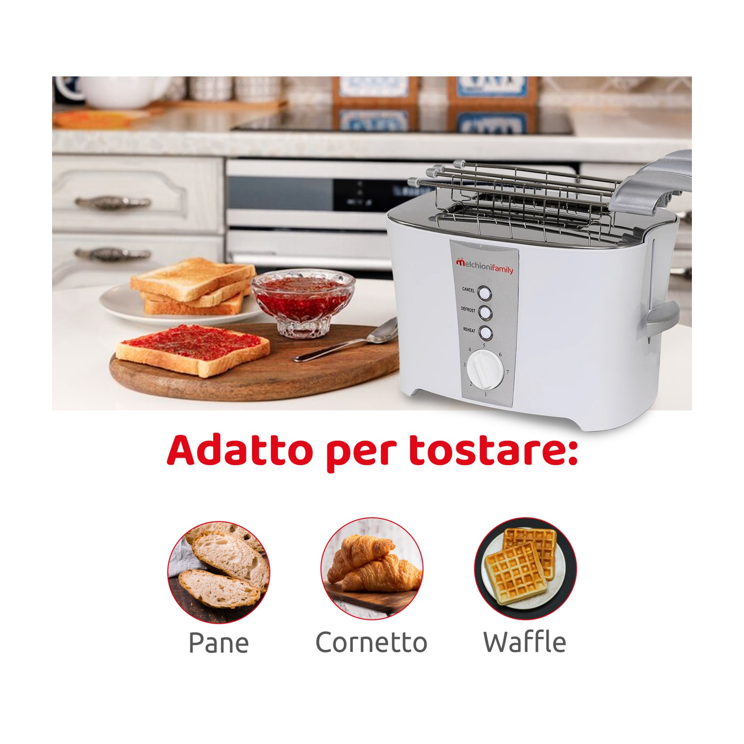 Un tostapane bianco con pane, marmellata e toast in primo piano. Tipi di pane: pane, croissant e waffle.