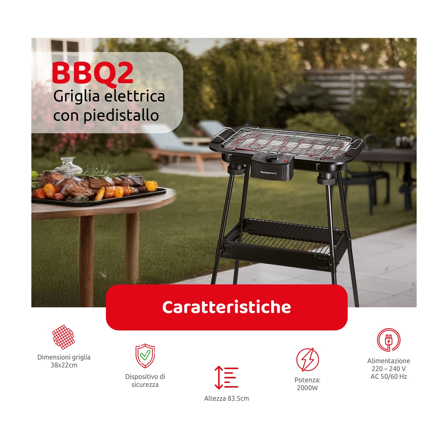 Una griglia elettrica su supporto, BBQ2. Include un tavolo con cibo e infografiche con dimensioni, sicurezza, altezza, potenza e tensione.