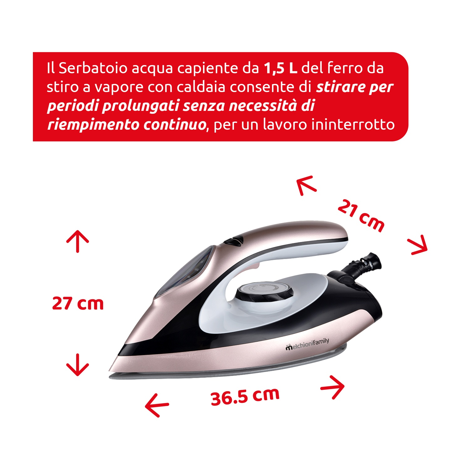 Un ferro da stiro oro rosa e nero con dimensioni etichettate. Il testo in alto descrive le caratteristiche del ferro.