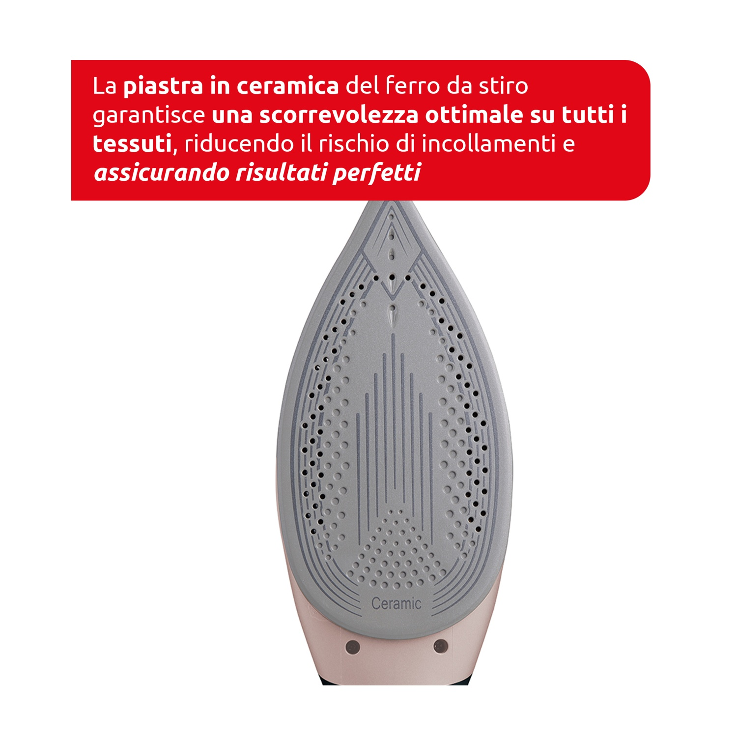 Primo piano di una piastra in ceramica grigia con piccoli fori. Un rettangolo rosso in alto ha testo italiano.