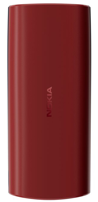 Kırmızı bir Nokia telefon gösteriliyor. Telefon, yuvarlak kenarlı silindirik şekildedir. Nokia logosu telefonun dikey olarak ortasındadır.