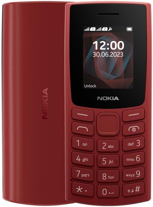 Kırmızı Nokia telefon. Ekran 12:00, 30 Haziran 2023'ü gösteriyor. Ekranın altında sayı ve sembollerle klavye.