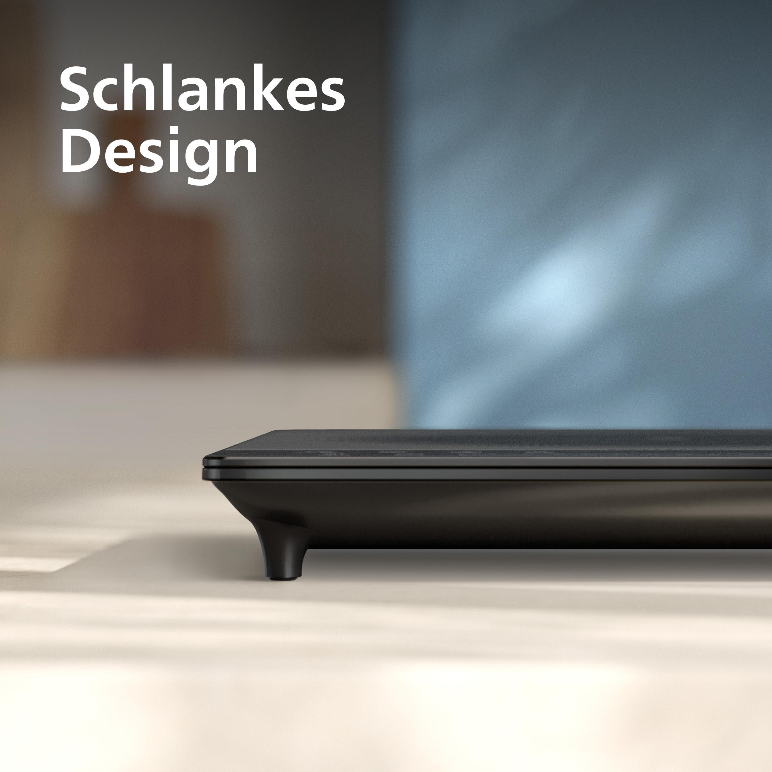 Ein schwarzes Gerät mit schlankem Design steht auf einer weißen Oberfläche. Das Wort 'Schlankes Design' steht darüber.