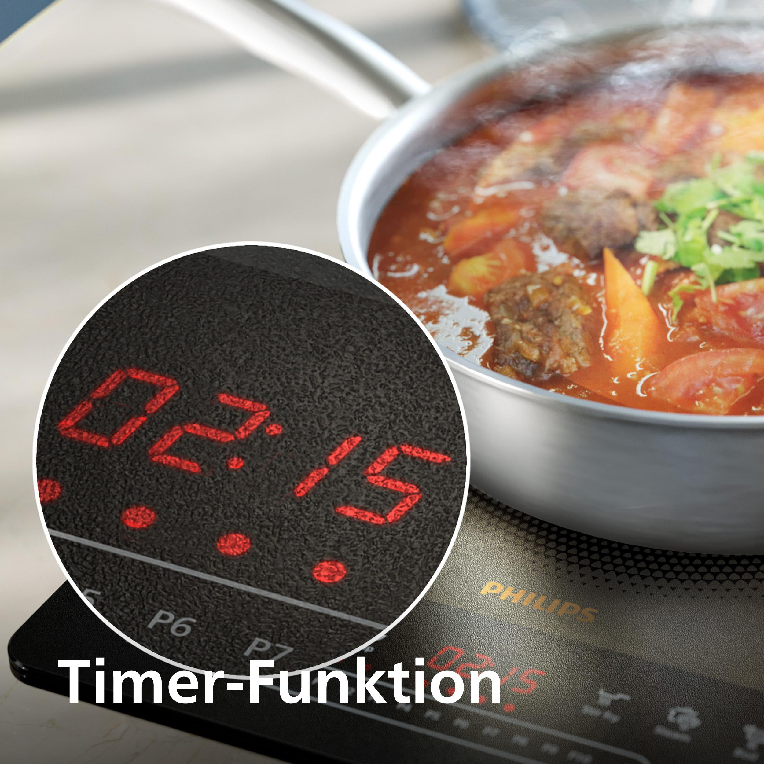 Ein Topf mit Essen auf einem Herd. Der Timer zeigt 02:15. Das Wort Timer-Funktion steht auf dem Herd.