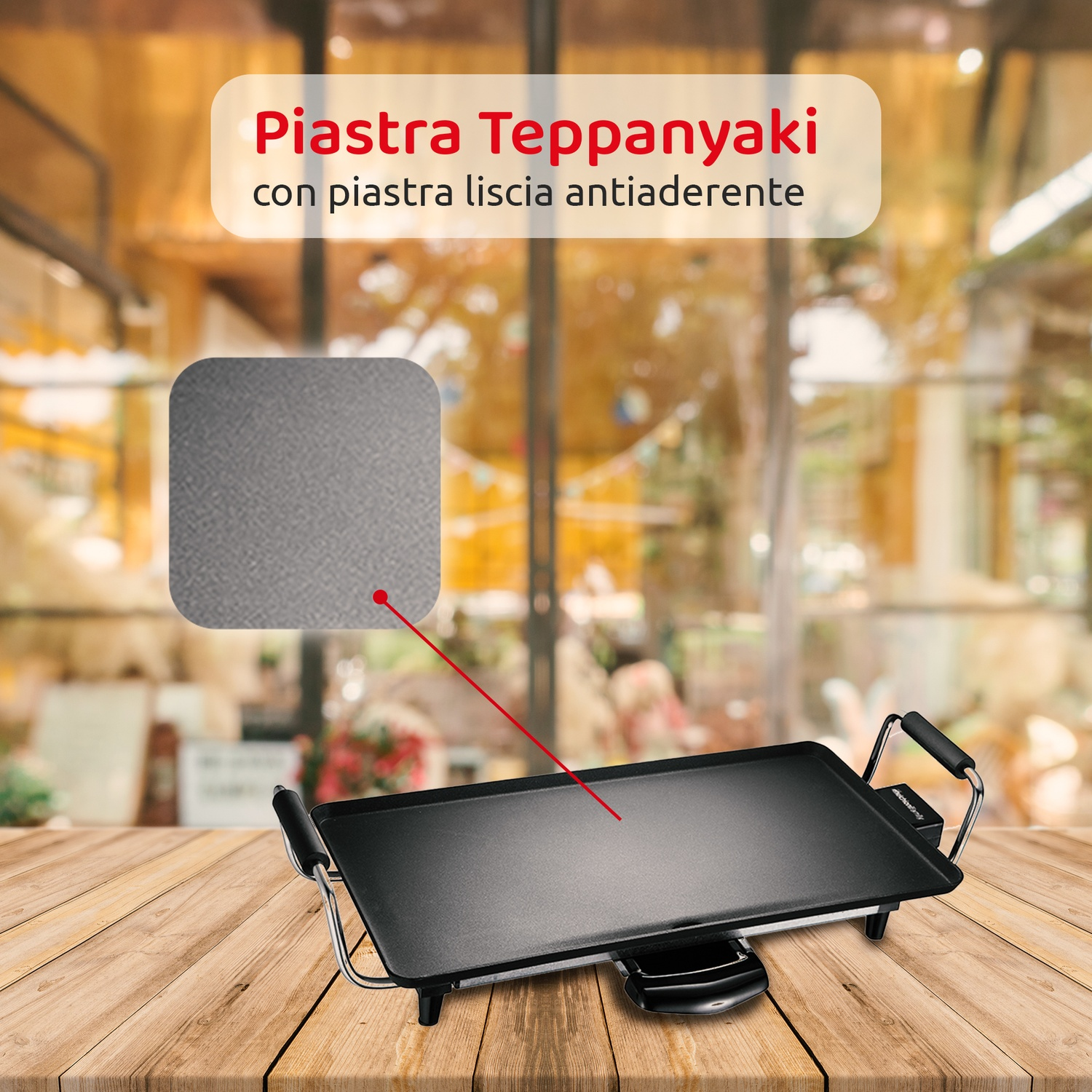 Una piastra teppanyaki nera su un tavolo di legno. Sono presenti anche una sezione ingrandita e testo in italiano.