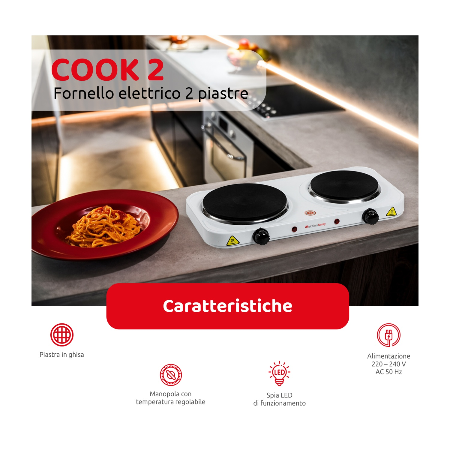 Un fornello elettrico bianco con due fornelli neri. Un piatto rosso di pasta è vicino. Testo in italiano, con caratteristiche elencate di seguito.