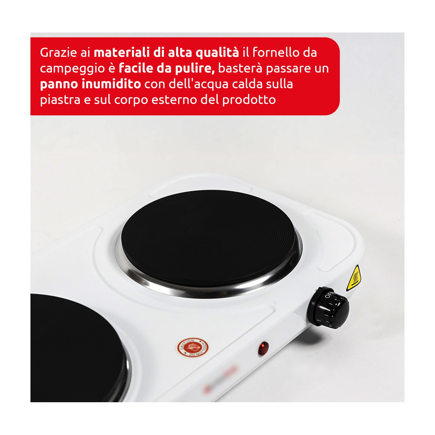 Un fornello portatile bianco con due piastre riscaldanti nere. Ha una manopola nera e una spia rossa.