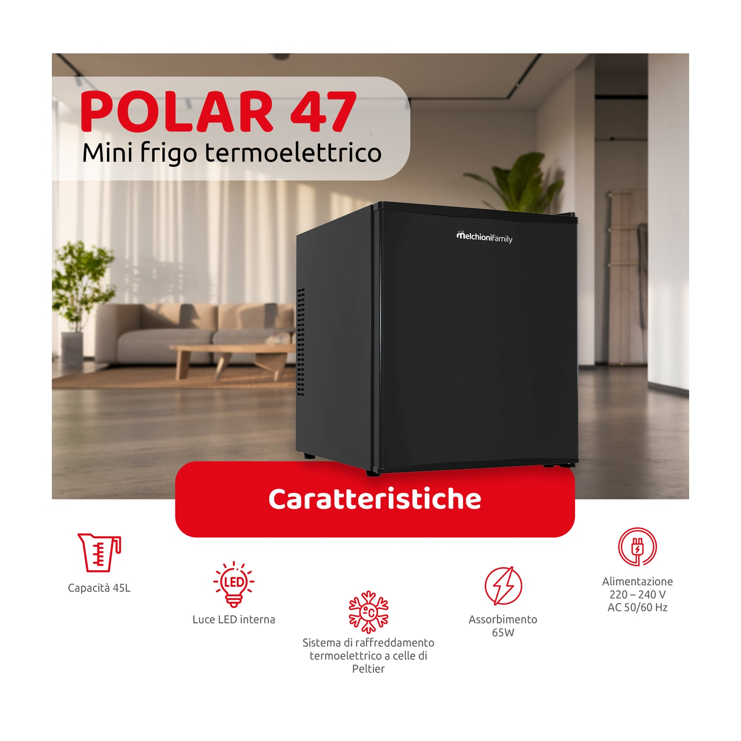 Un mini-frigorifero nero con la scritta "POLAR 47" e caratteristiche del prodotto come capacità, luce LED e consumo energetico.