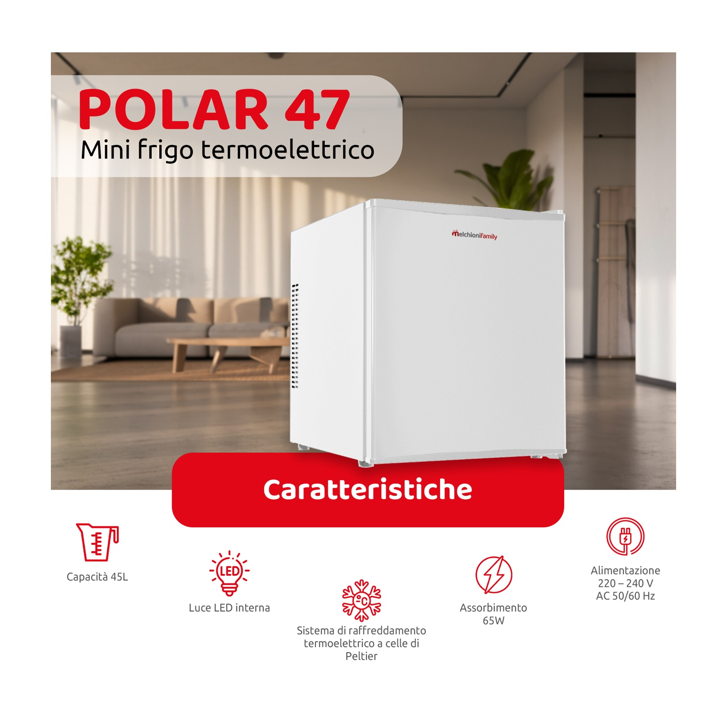 Un mini-frigorifero bianco con la scritta 'POLAR 47' e 'Mini frigo termoelettrico'. Caratteristiche: capacità, luce LED e alimentazione.