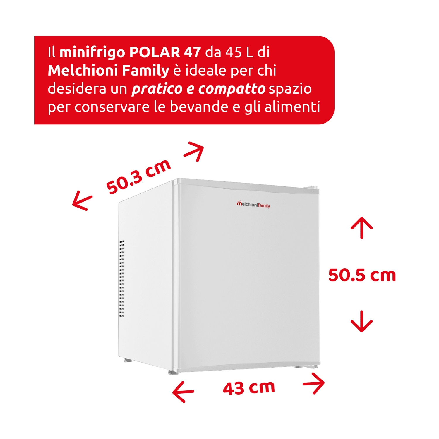 Un mini-frigorifero bianco con il marchio Melchioni Family e dimensioni indicate. Il testo italiano descrive il suo utilizzo per bevande e cibo.