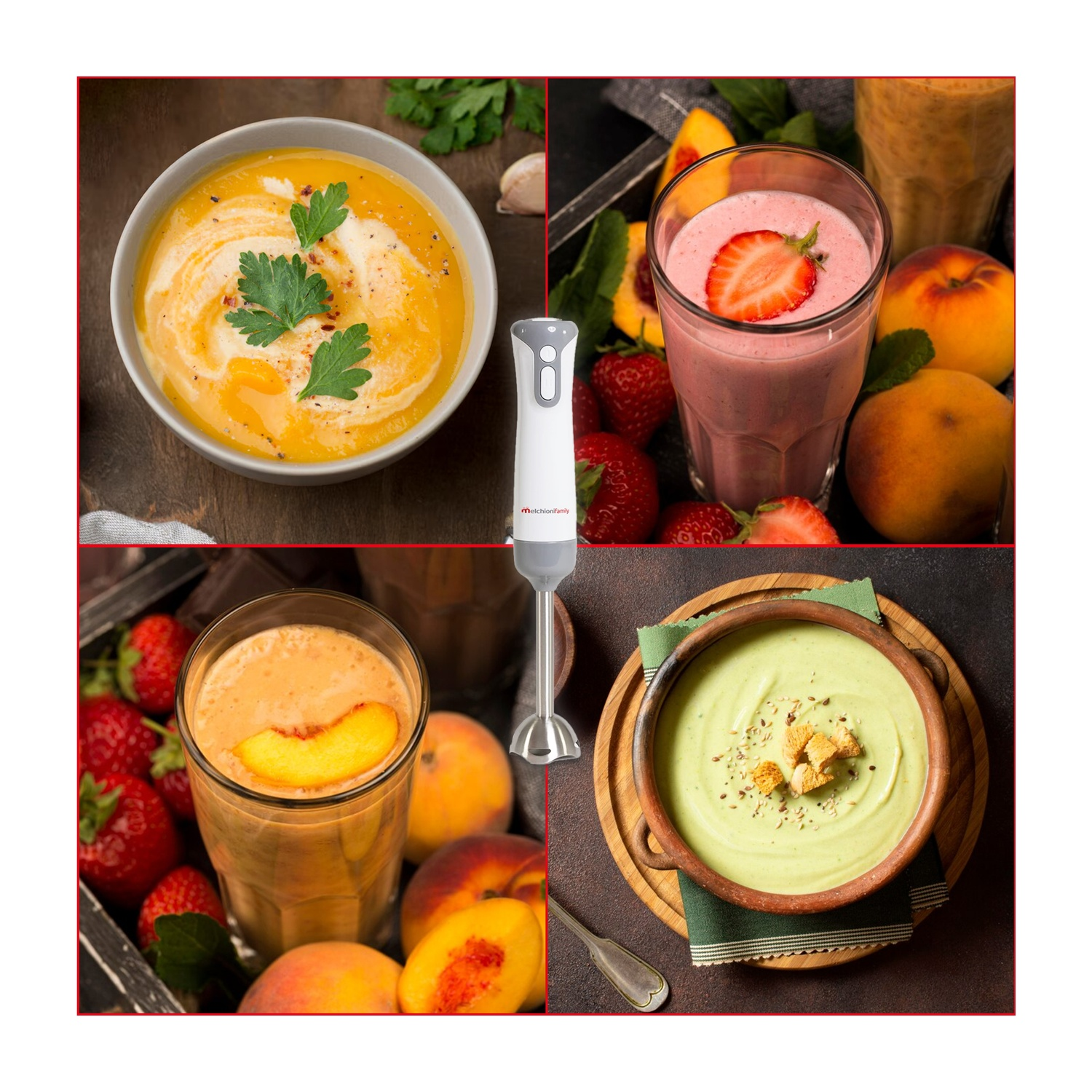 L'immagine mostra un frullatore con zuppa e frullati in ciotole e bicchieri. Sono visibili anche frutta come pesche e fragole.