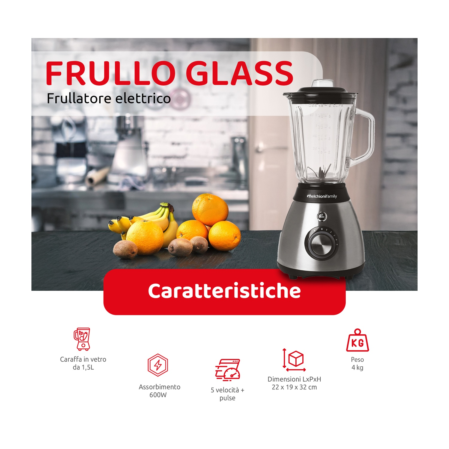 Un frullatore con frutta davanti. Ha una caraffa in vetro e una base argentata. Il testo dice 'Frullo Glass'.